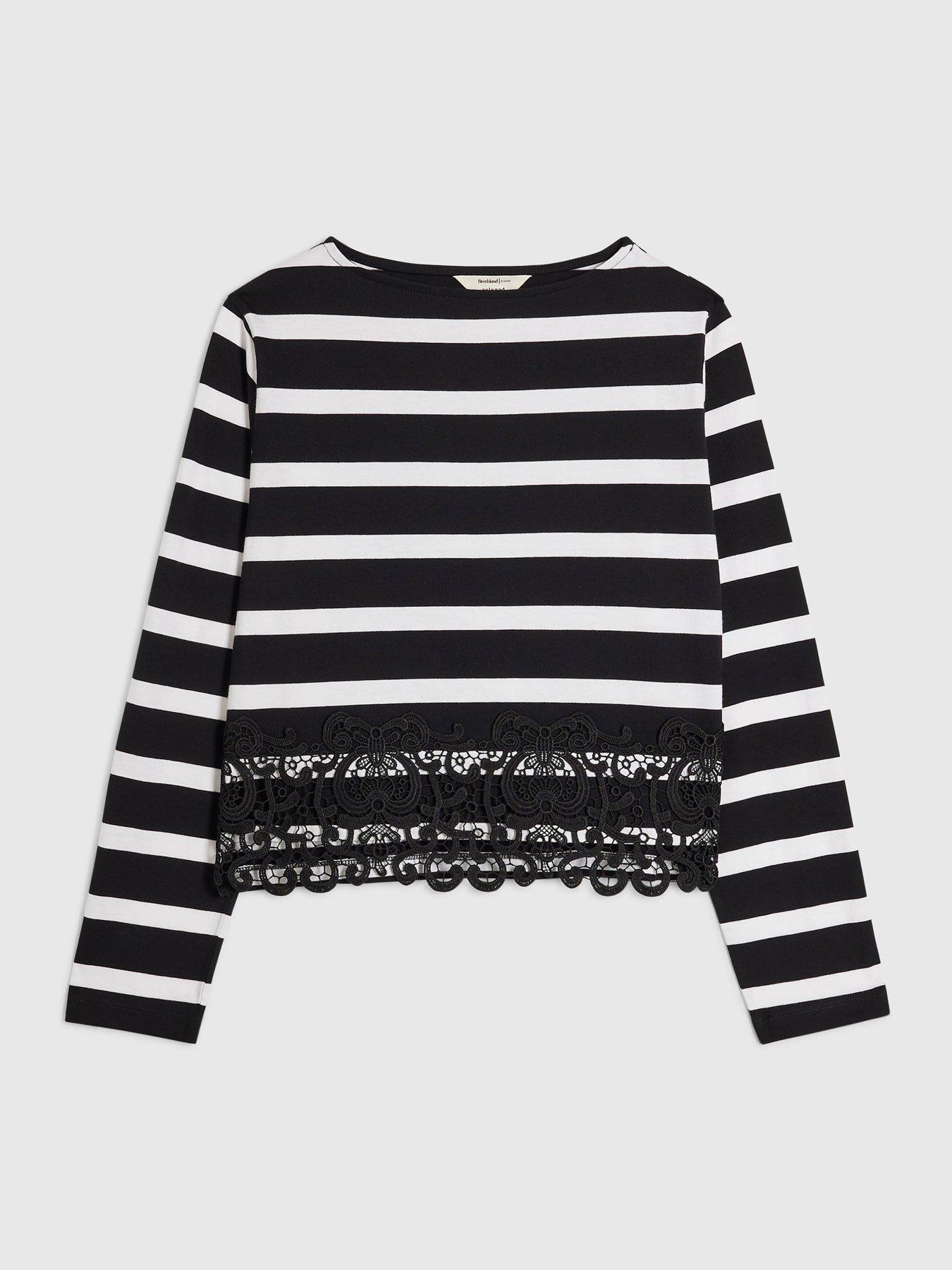 Image 6 of 6 of River Island Womens Striped Lace Hem Long Sleeve Blouse - Black