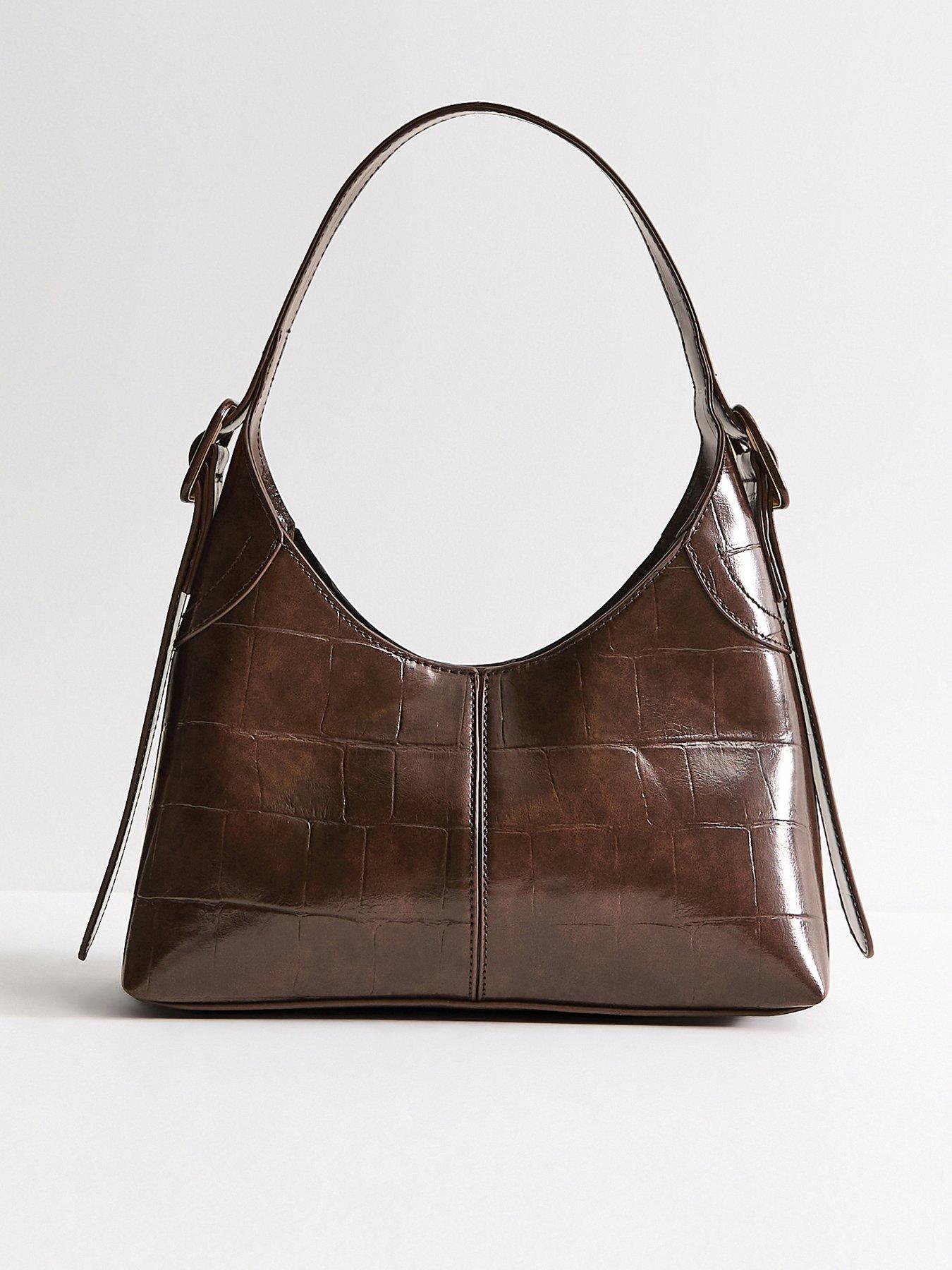 New Look Faux Leather Crocodile Embossed Buckle Shoulder Bag - Brown