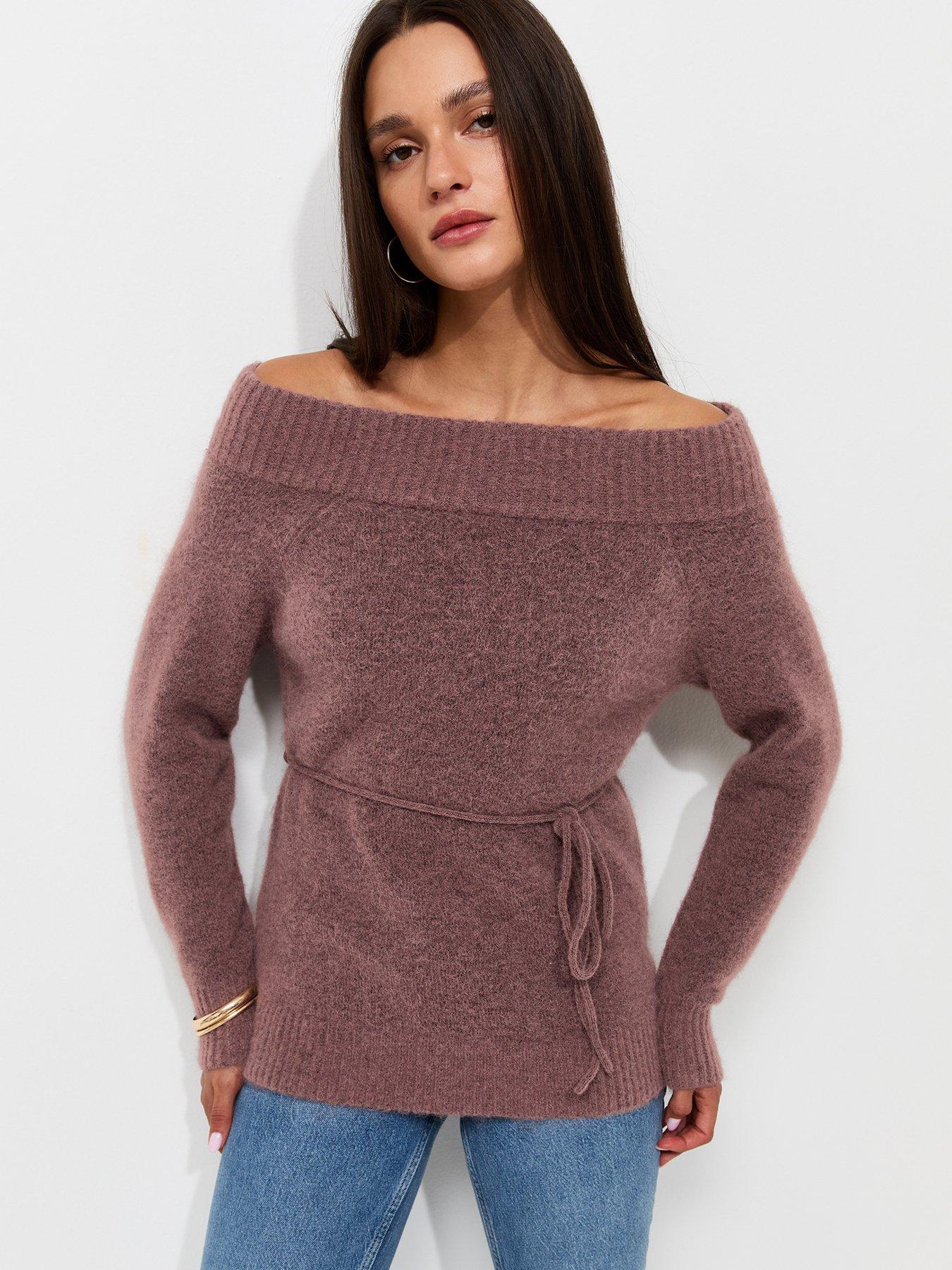 New Look Knitted Bardot Tie Waist Top - Pink