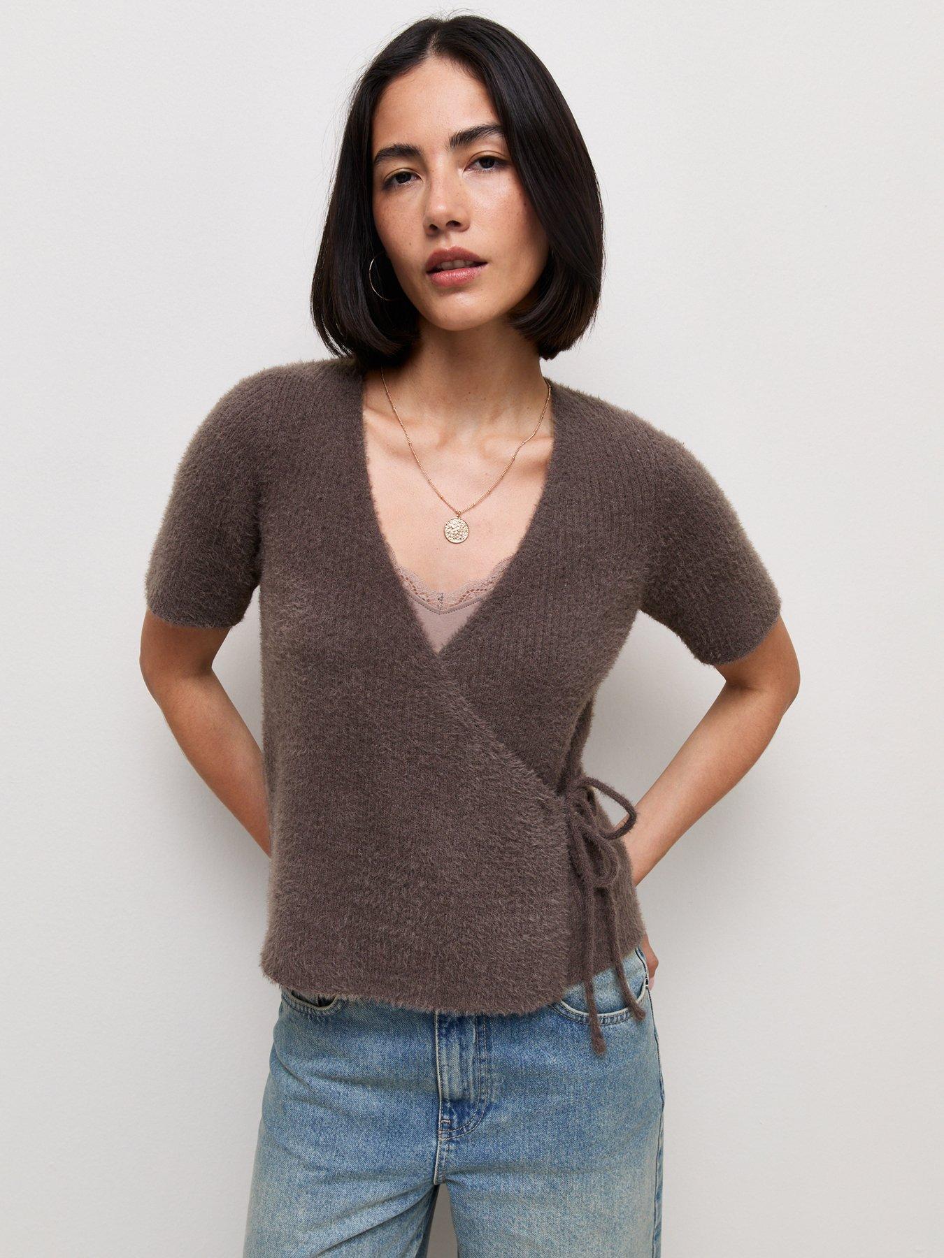 Image 1 of 5 of New Look Womens Wrap Front Tie Waist Jumper - Brown