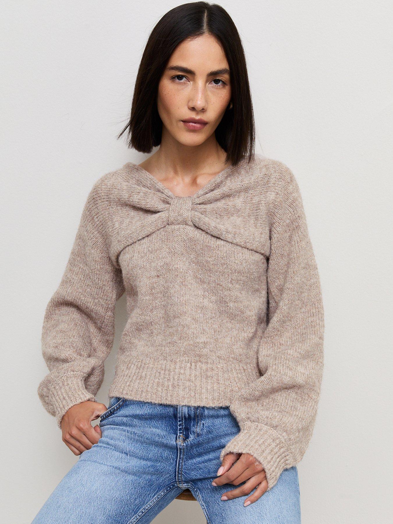Image 1 of 4 of New Look Womens Bow Bardot Neck Wool-Blend Jumper - Beige