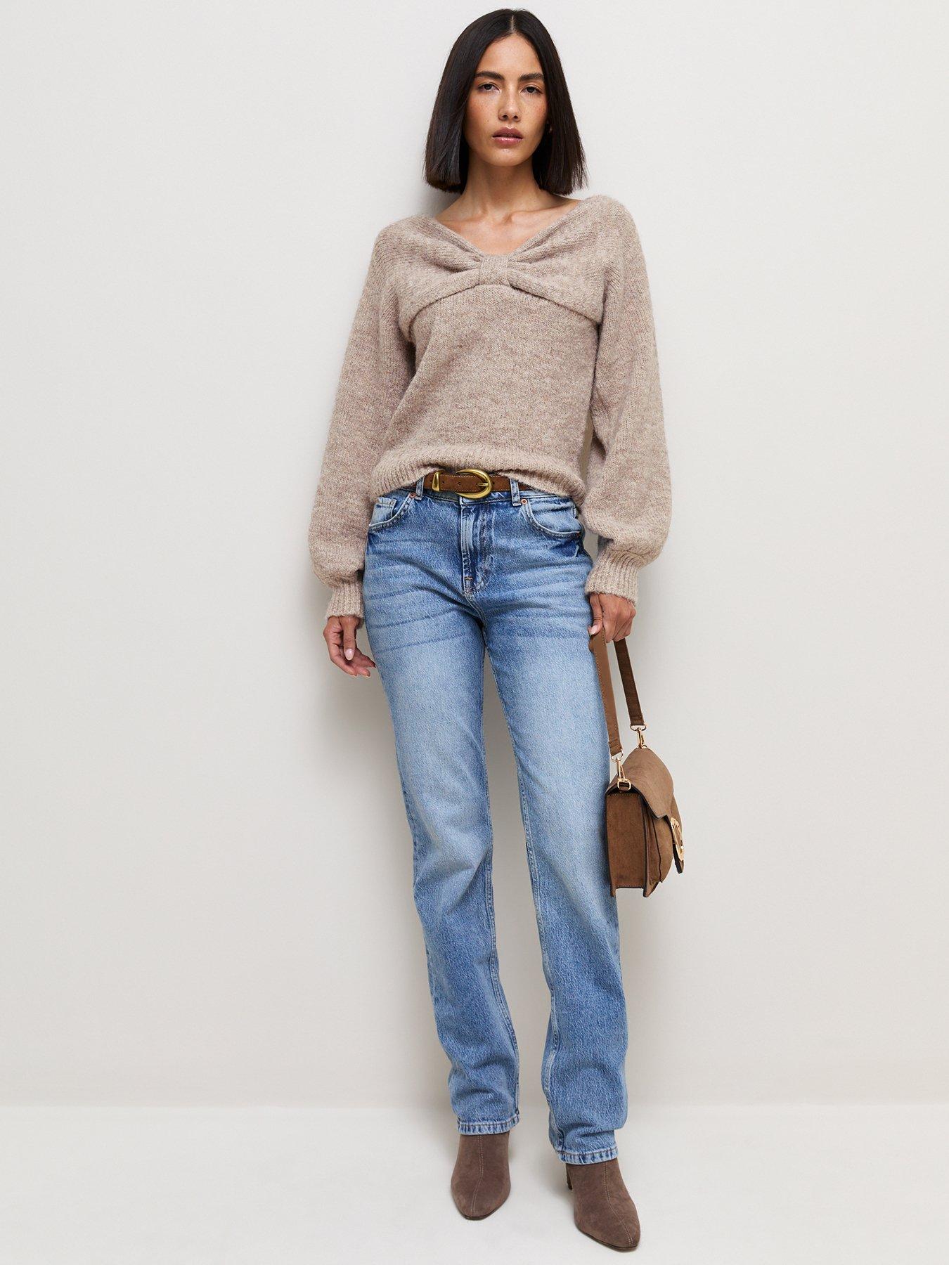 Image 3 of 4 of New Look Womens Bow Bardot Neck Wool-Blend Jumper - Beige
