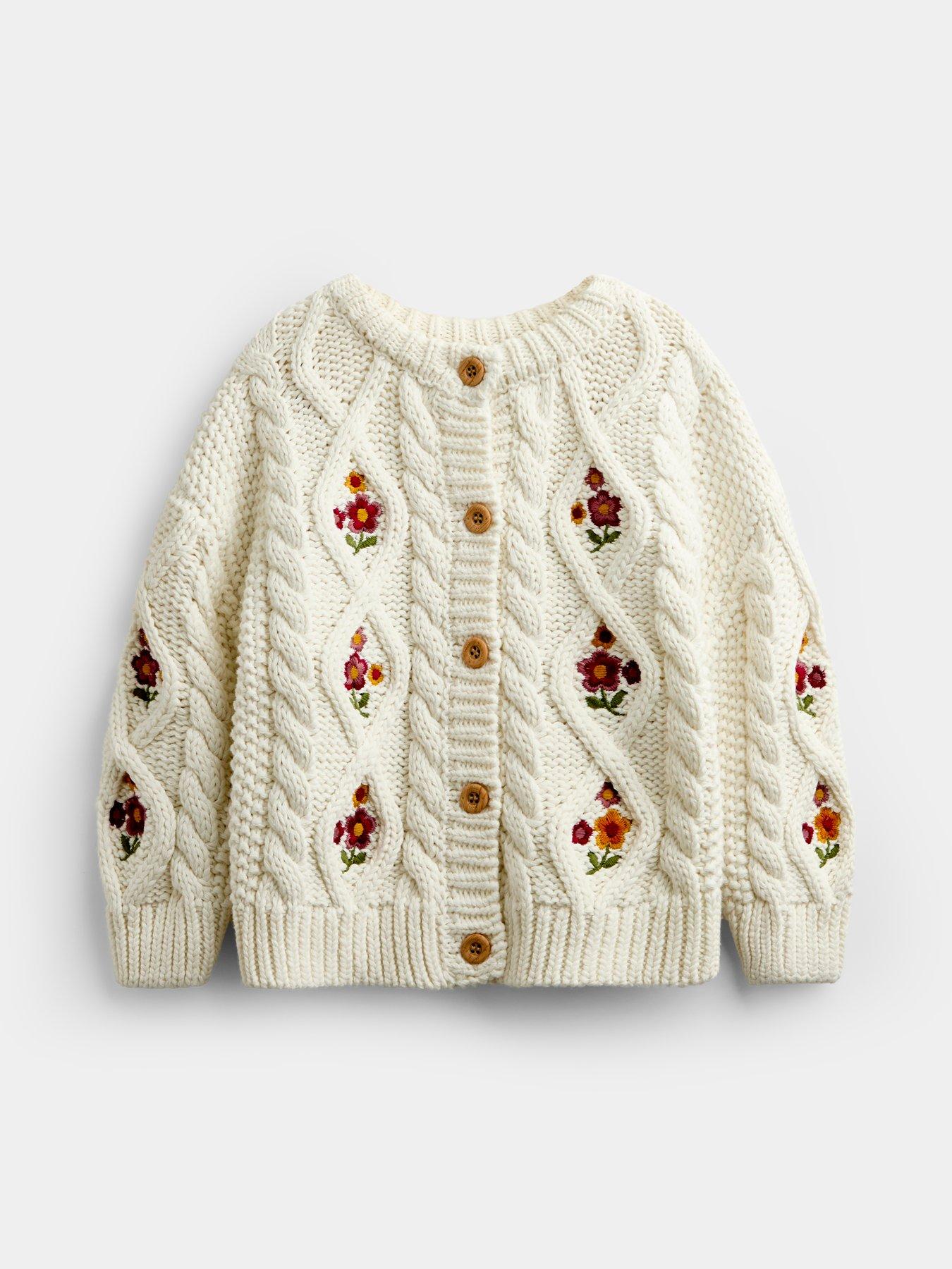 JoJo Maman Bebe Toddler Girls Embroidered Chunky Cable Knit Cardigan - Cream