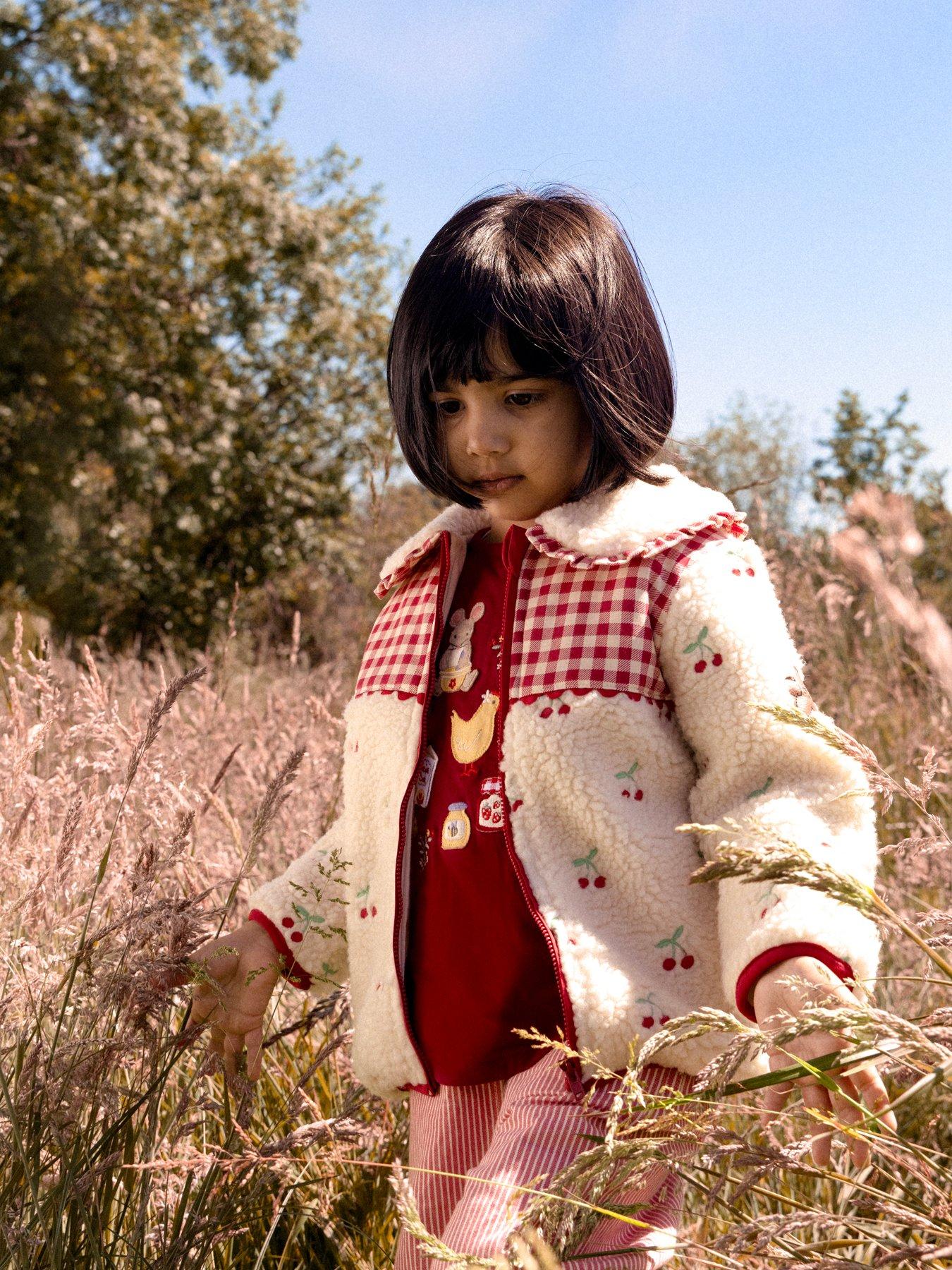 JoJo Maman Bebe Toddler Girls Cherry Embroidered Gingham Fleece Jacket - Red