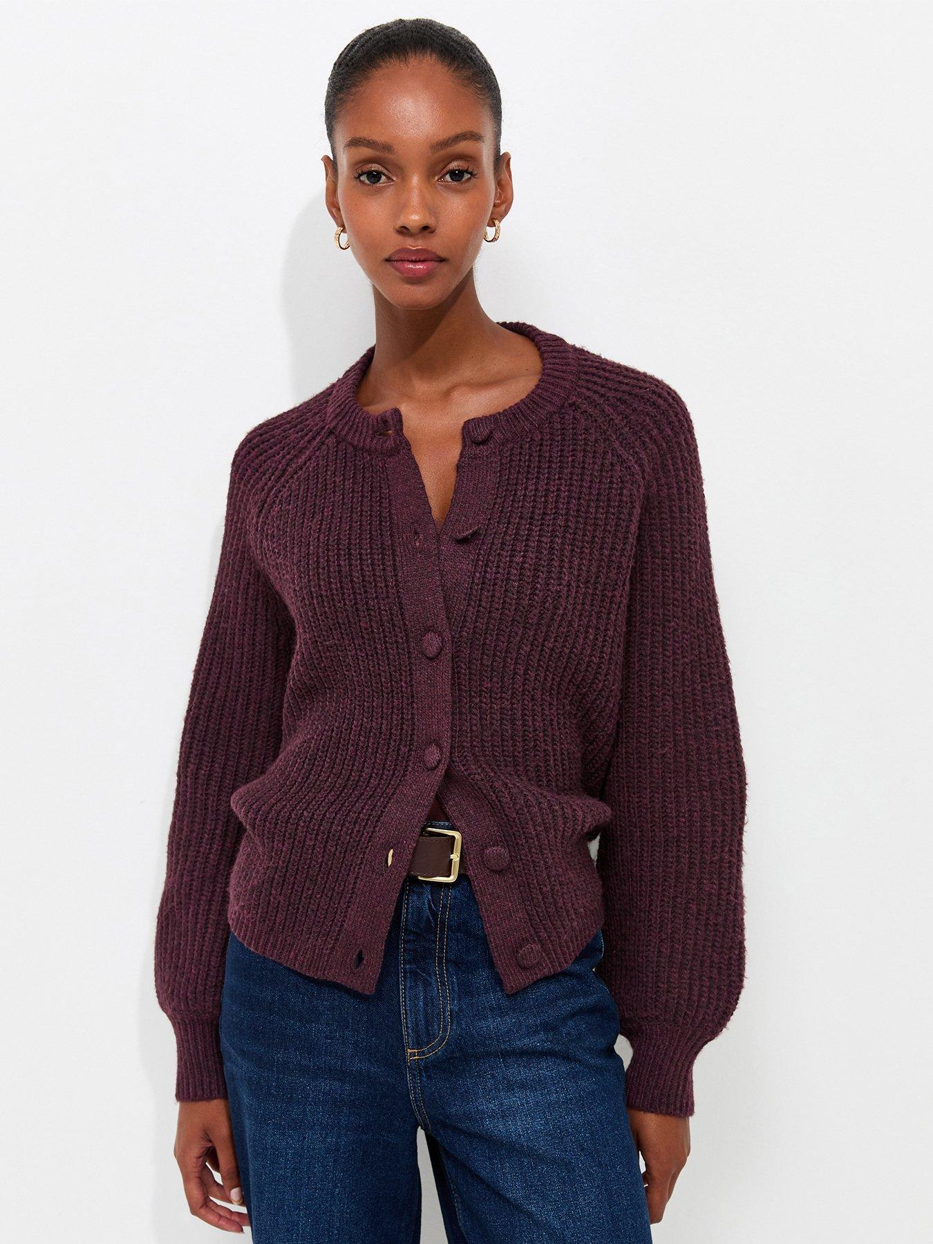 Image 1 of 5 of New Look Womens Ribbed Raglan Button-Through Cardigan - Burgundy