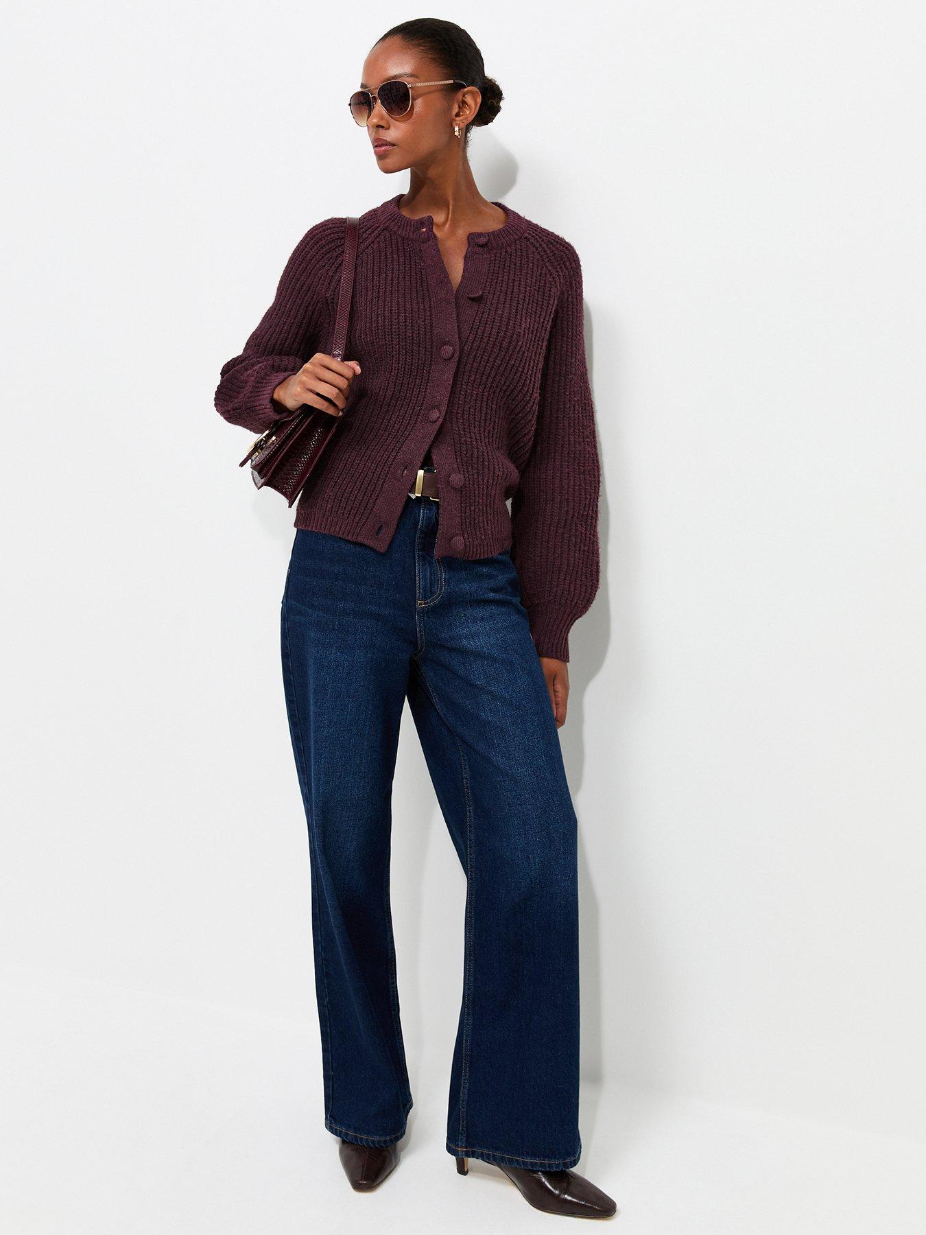 Image 3 of 5 of New Look Womens Ribbed Raglan Button-Through Cardigan - Burgundy