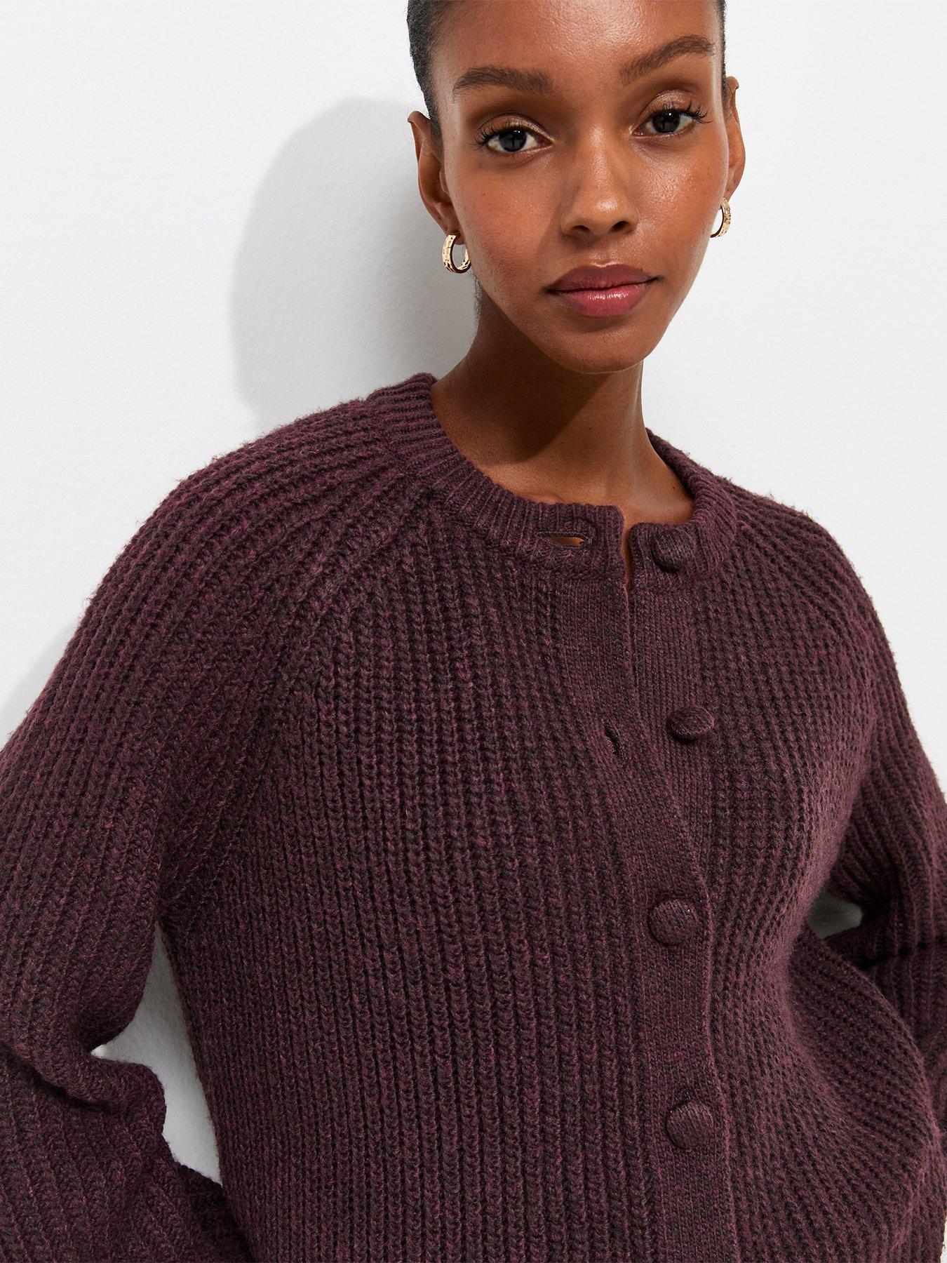 Image 4 of 5 of New Look Womens Ribbed Raglan Button-Through Cardigan - Burgundy