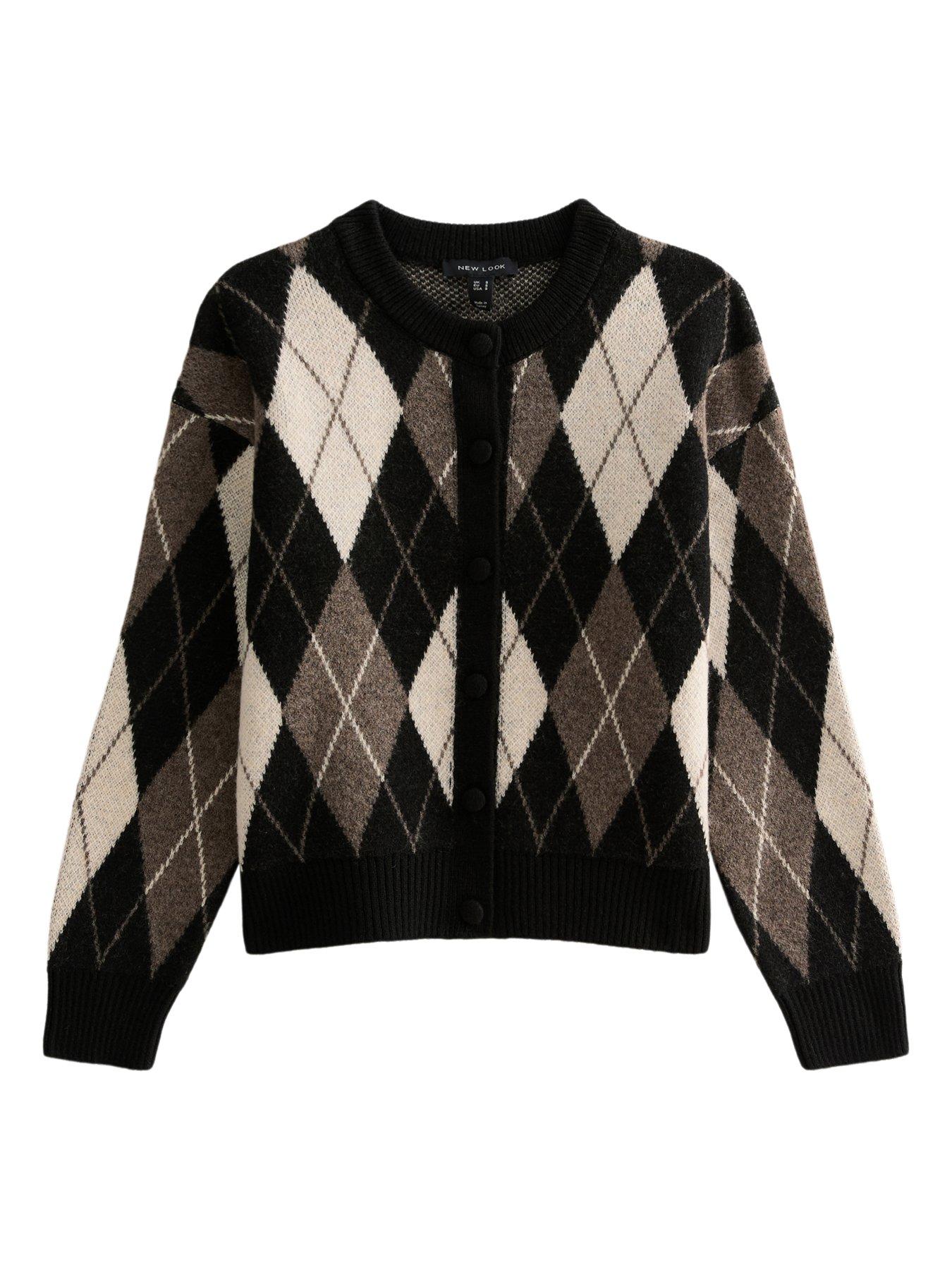 Image 6 of 6 of New Look Womens Argyle Button-Through Crew Neck Cardigan - Black