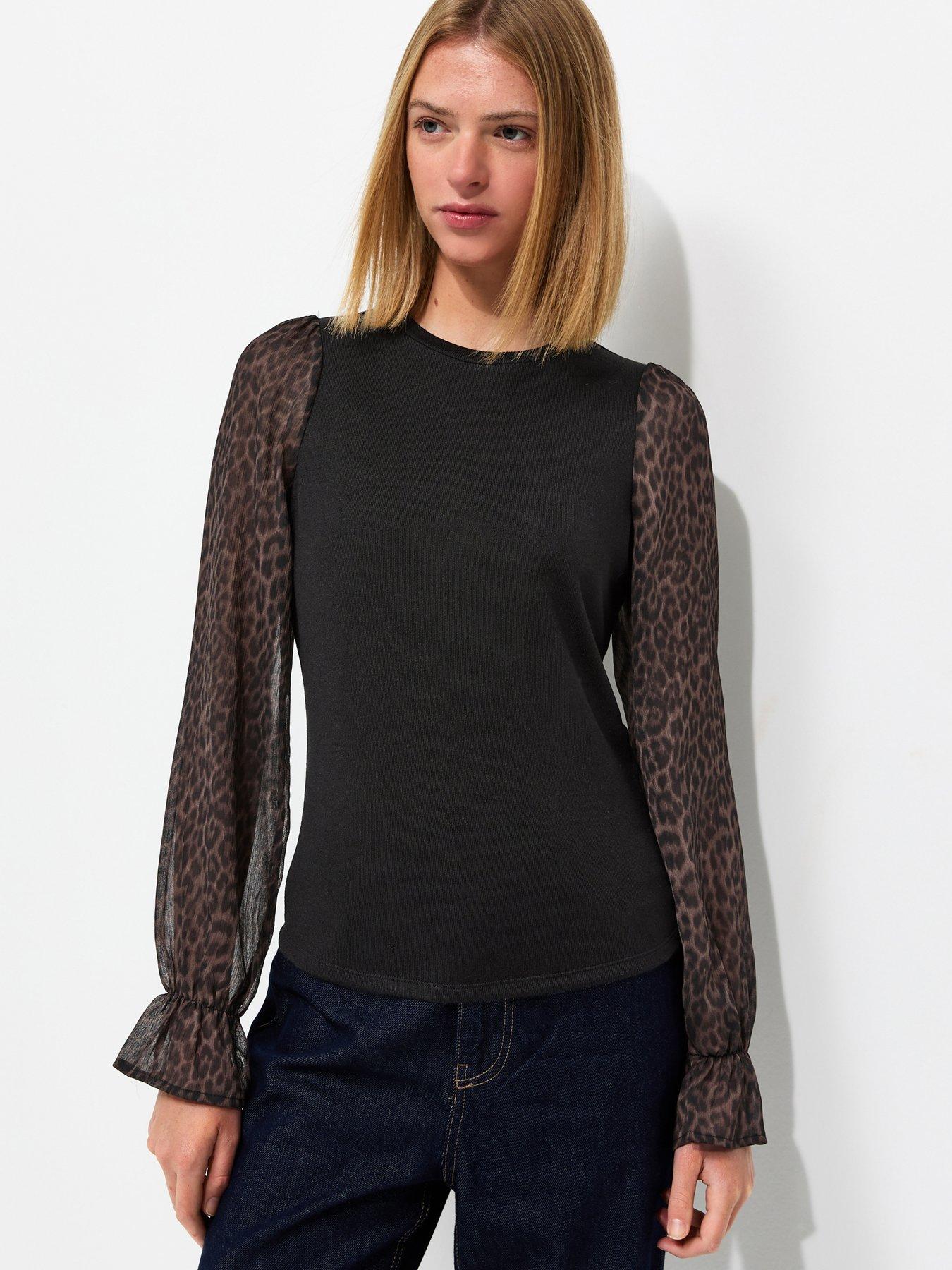 Image 1 of 6 of New Look Womens 2-in-1 Sheer Leopard Sleeve Top - Black