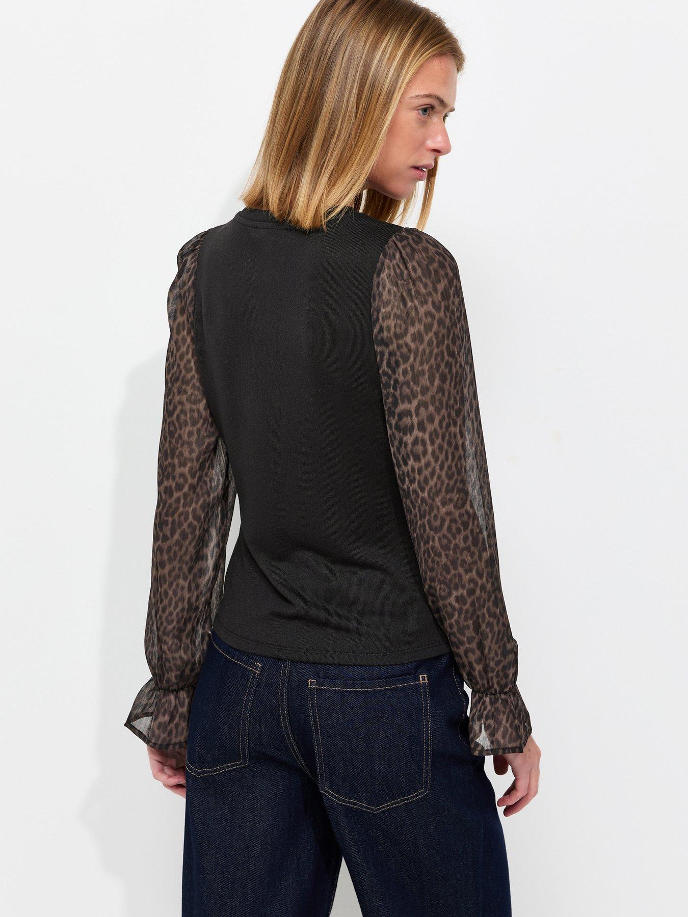 Image 2 of 6 of New Look Womens 2-in-1 Sheer Leopard Sleeve Top - Black