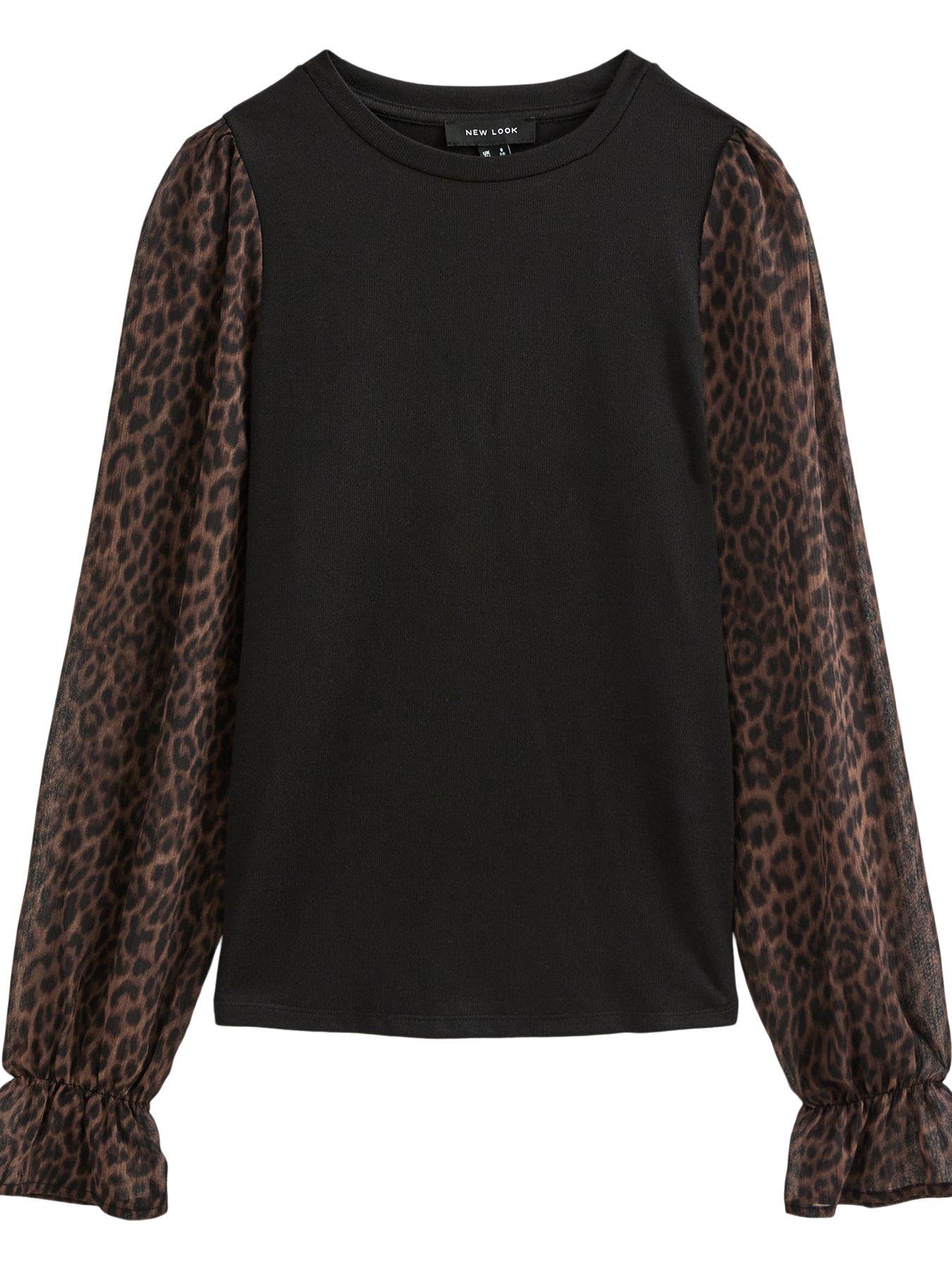 Image 6 of 6 of New Look Womens 2-in-1 Sheer Leopard Sleeve Top - Black