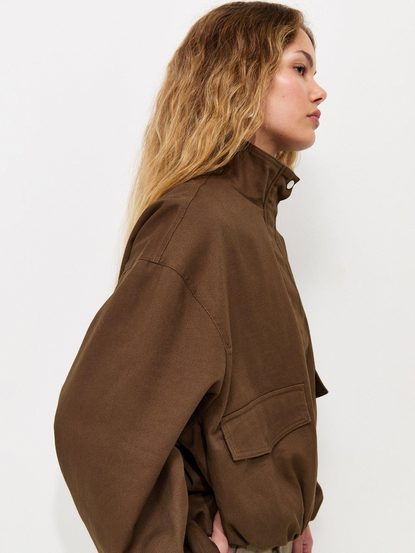 Image 5 of 7 of New Look High Neck Bubble Hem Short Jacket - Brown