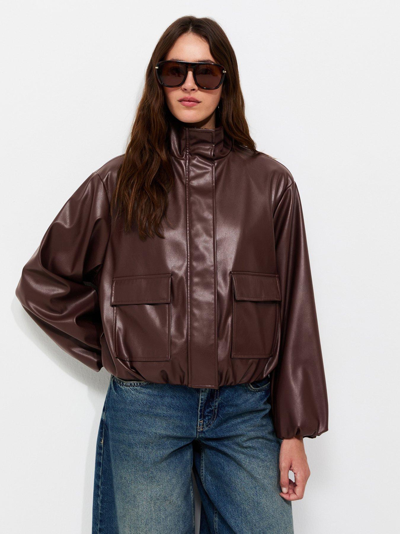 Image 1 of 5 of New Look Faux Leather High Neck Jacket - Brown