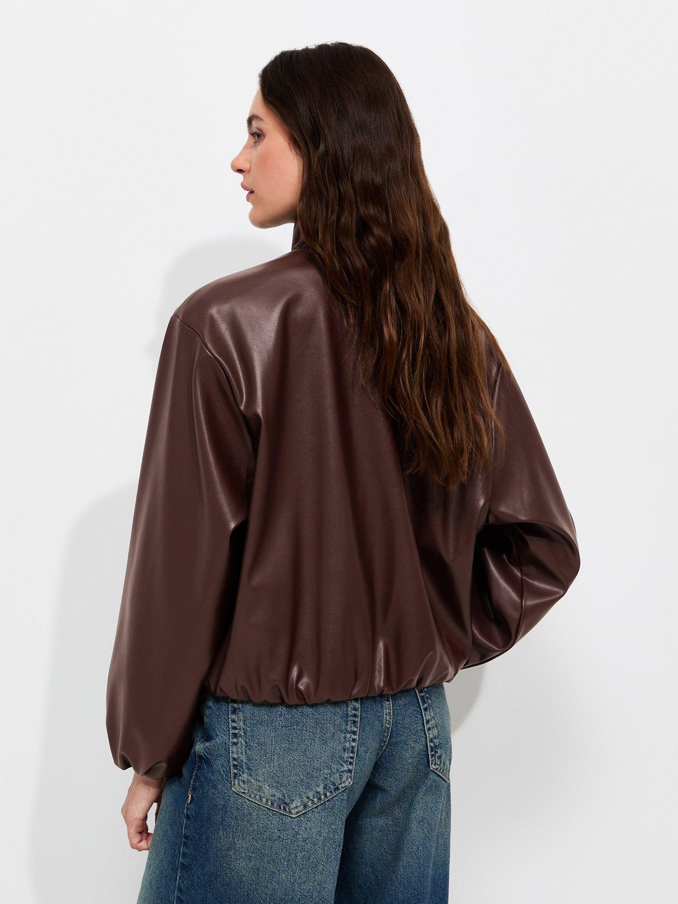 Image 2 of 5 of New Look Faux Leather High Neck Jacket - Brown