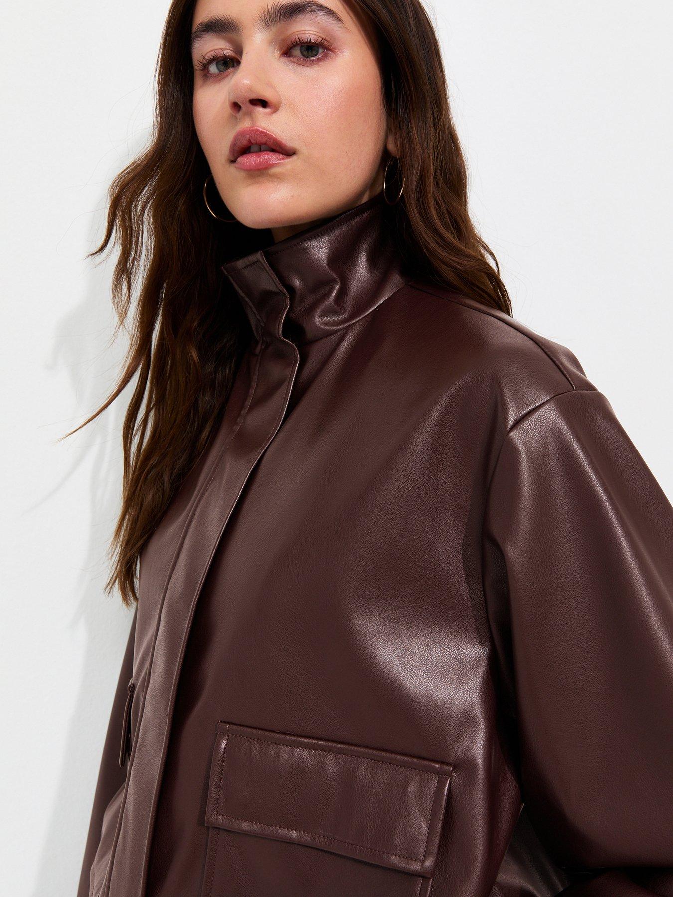 Image 4 of 5 of New Look Faux Leather High Neck Jacket - Brown