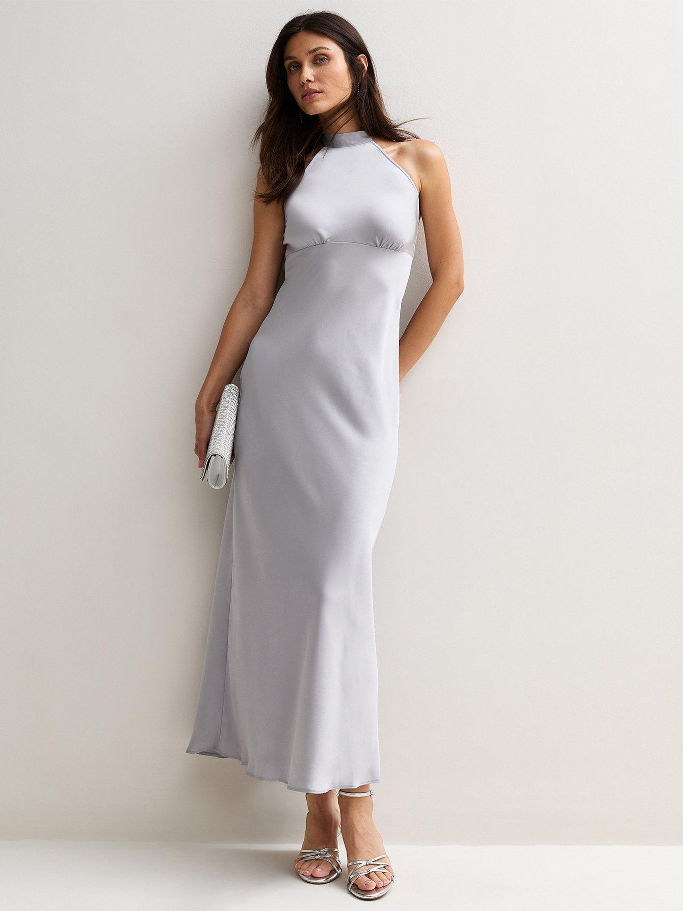 Image 1 of 5 of New Look Womens Halter Neck Satin Maxi Dress - Silver
