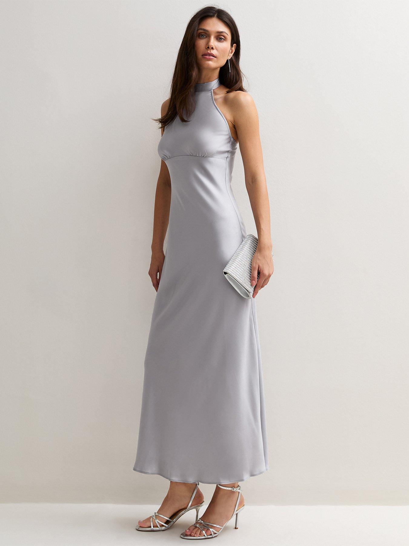 Image 3 of 5 of New Look Womens Halter Neck Satin Maxi Dress - Silver