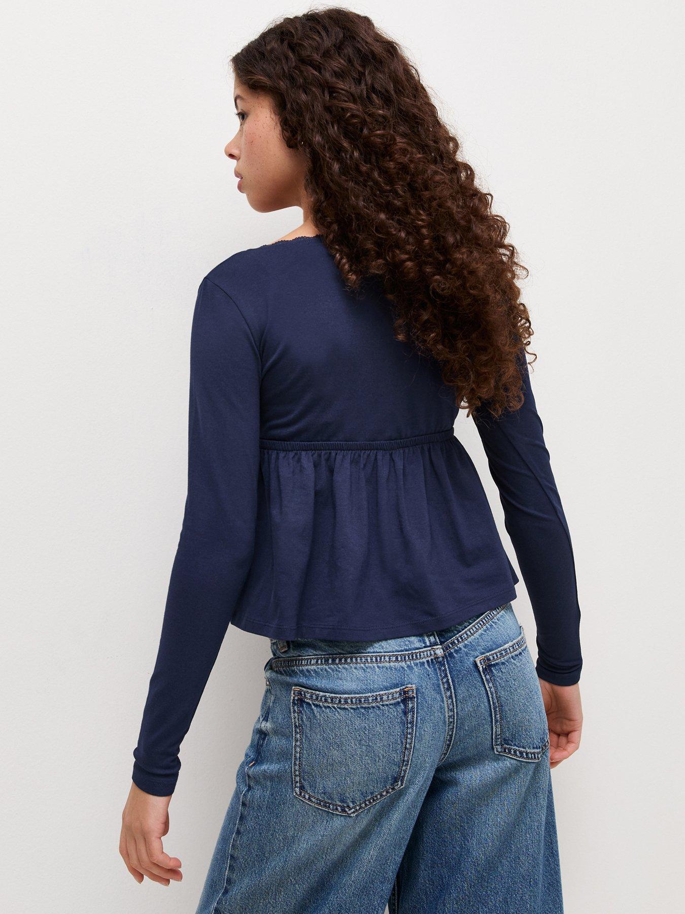 Image 2 of 6 of New Look 915 Girls Wrap Lace Trim Long Sleeve Top&nbsp;- Navy