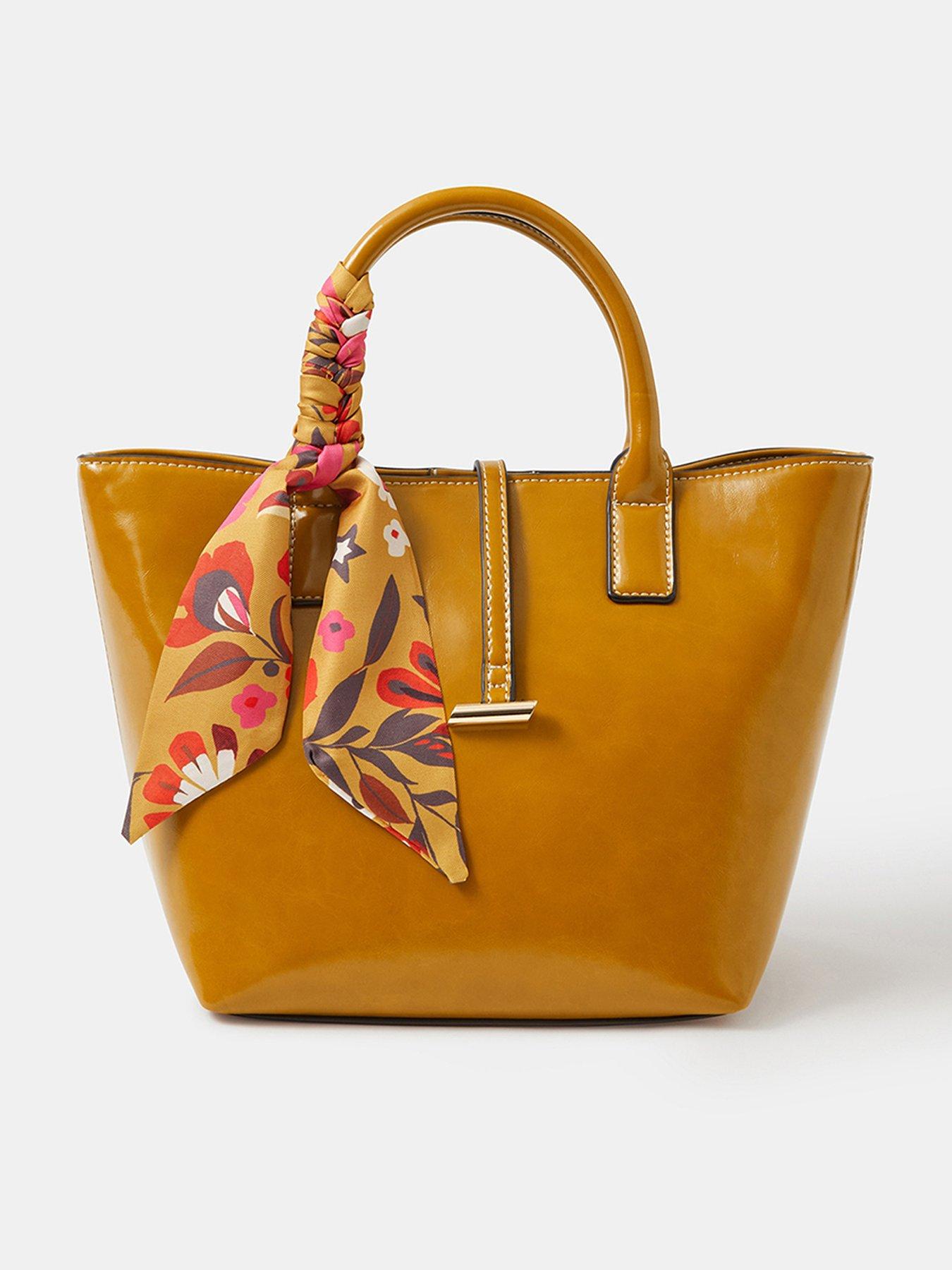 Image 1 of 5 of Accessorize Scarf Detail Structured Tote Handbag - Yellow