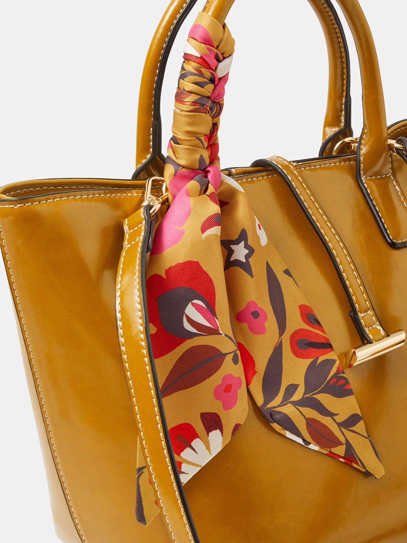 Image 5 of 5 of Accessorize Scarf Detail Structured Tote Handbag - Yellow
