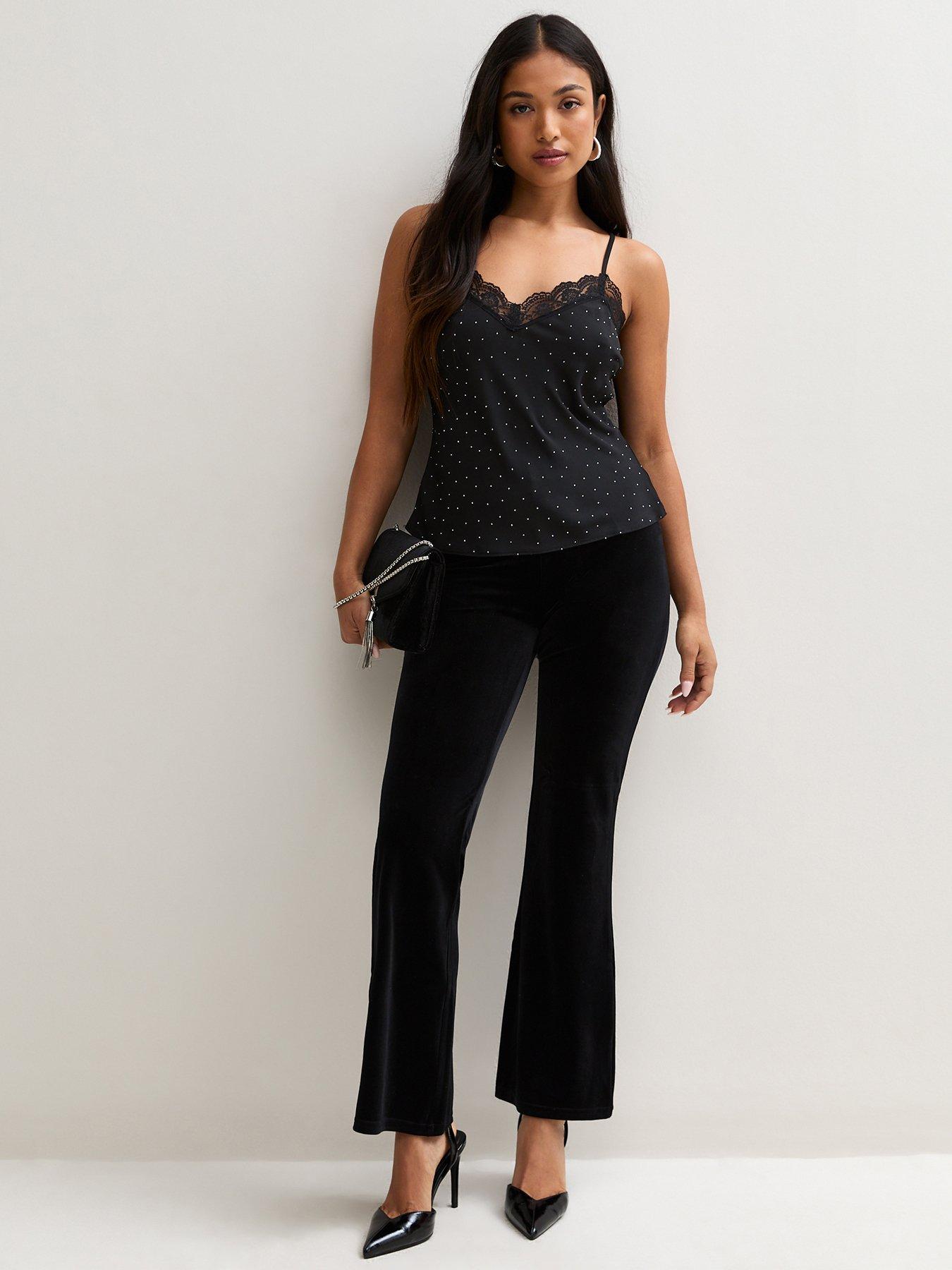 Image 1 of 5 of New Look Womens Petite Jersey Velvet Flared Leg Trousers - Black