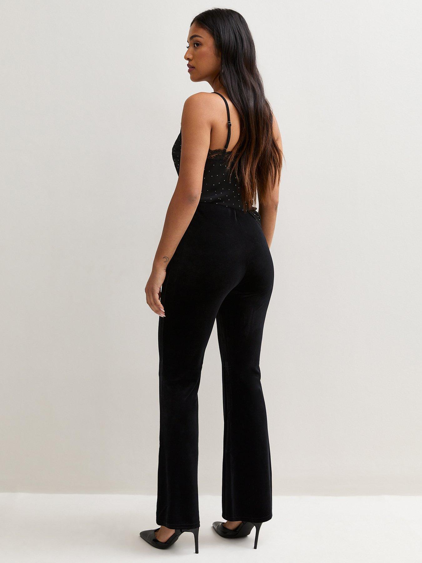 Image 2 of 5 of New Look Womens Petite Jersey Velvet Flared Leg Trousers - Black