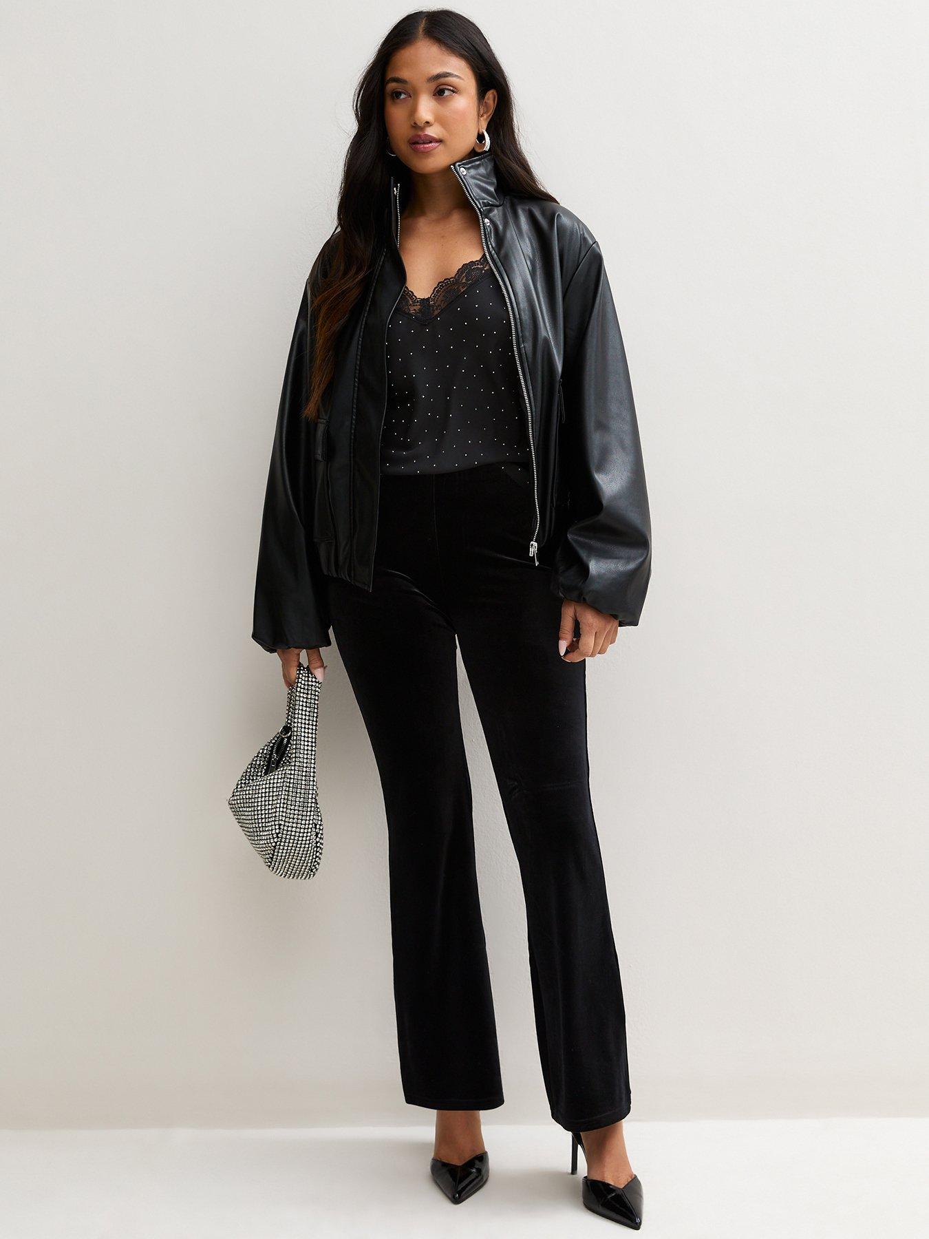 Image 3 of 5 of New Look Womens Petite Jersey Velvet Flared Leg Trousers - Black