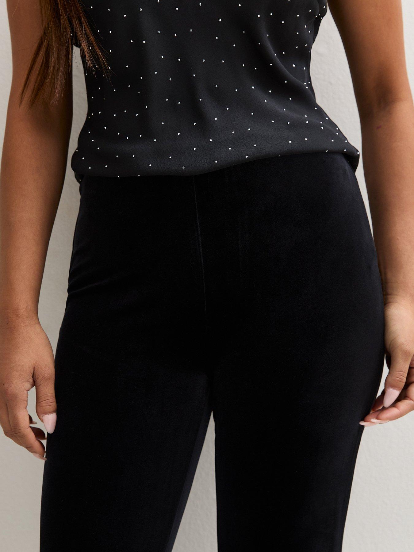 Image 4 of 5 of New Look Womens Petite Jersey Velvet Flared Leg Trousers - Black