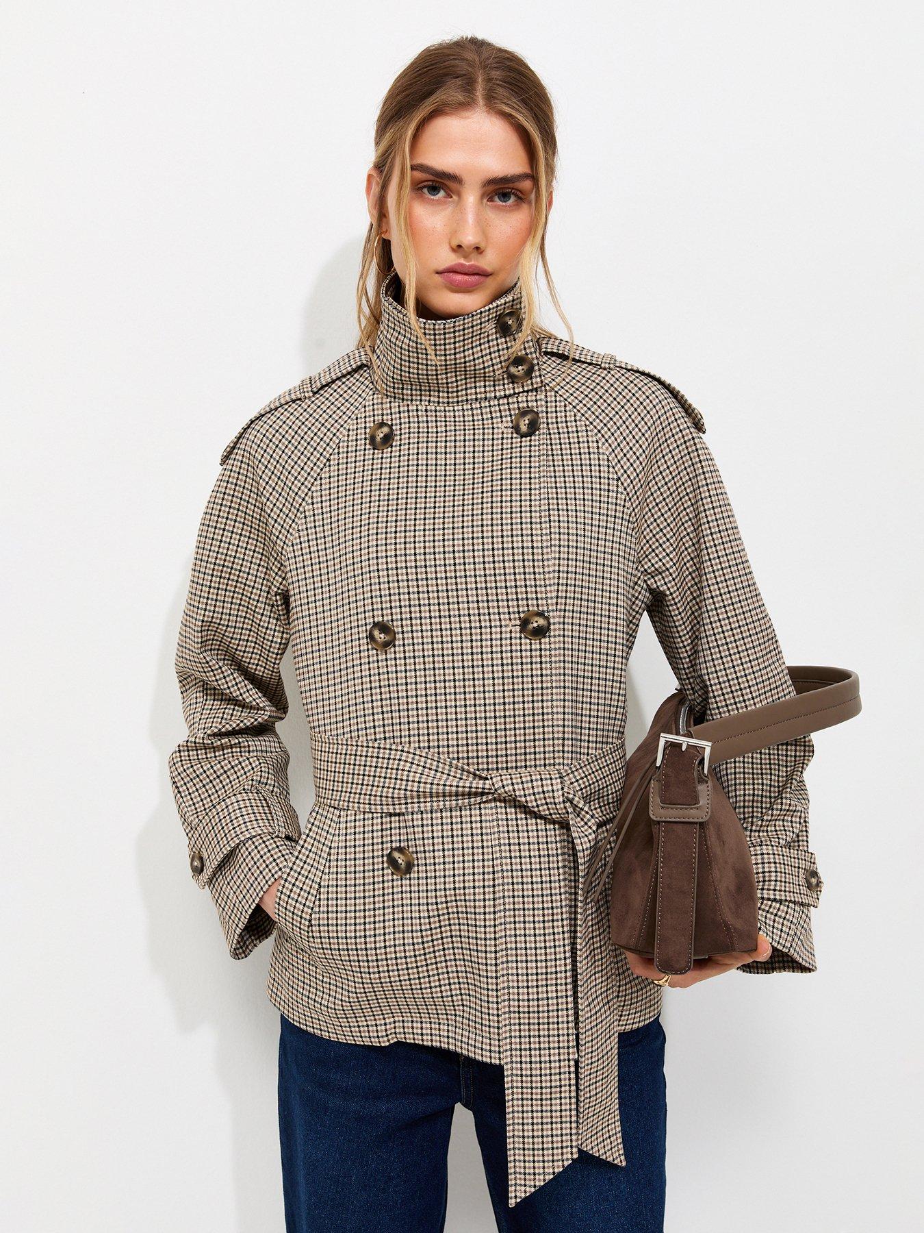 New Look Check High Neck Belted Mac Jacket - Brown