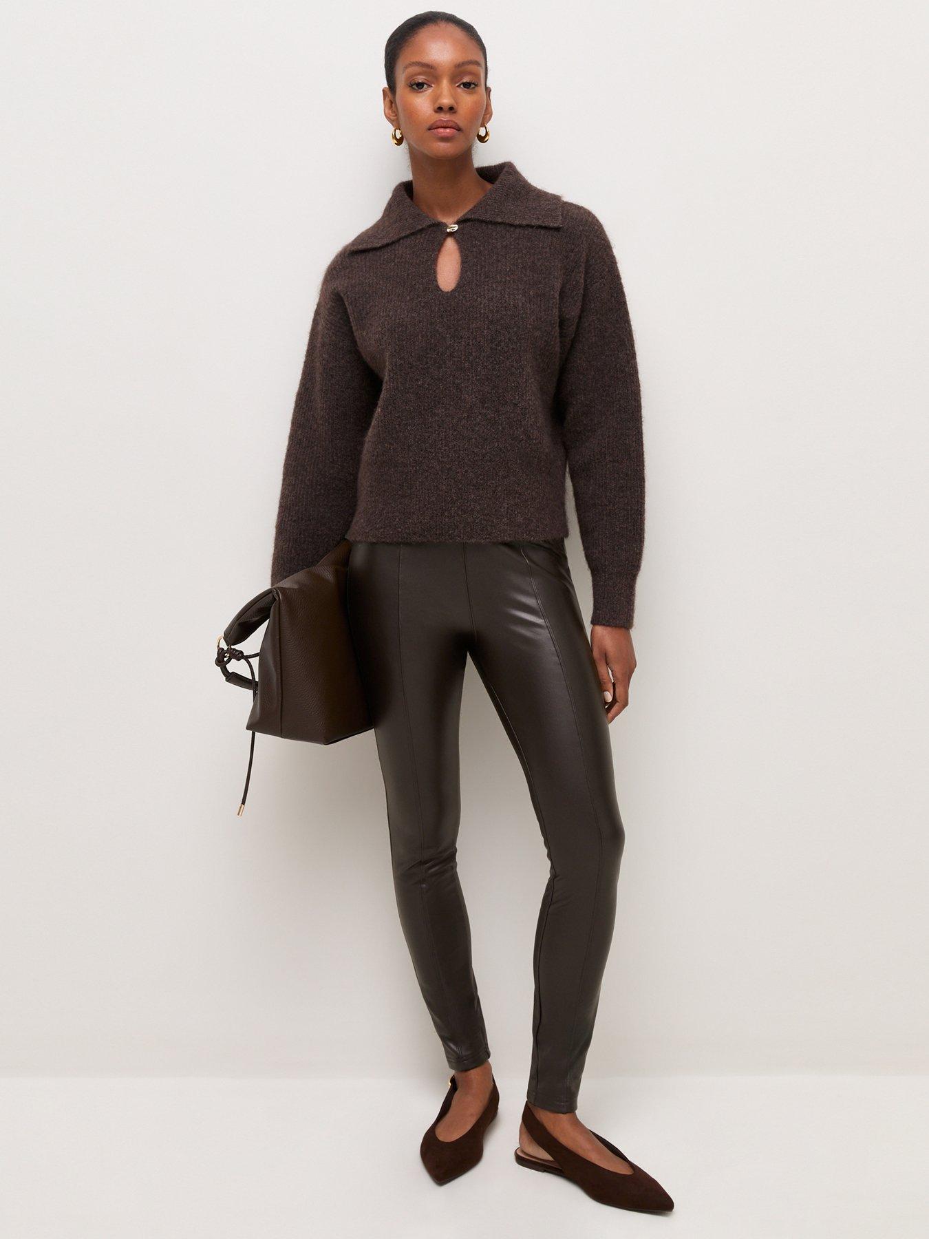 Image 1 of 5 of New Look High Waist Faux Leather Leggings - Brown
