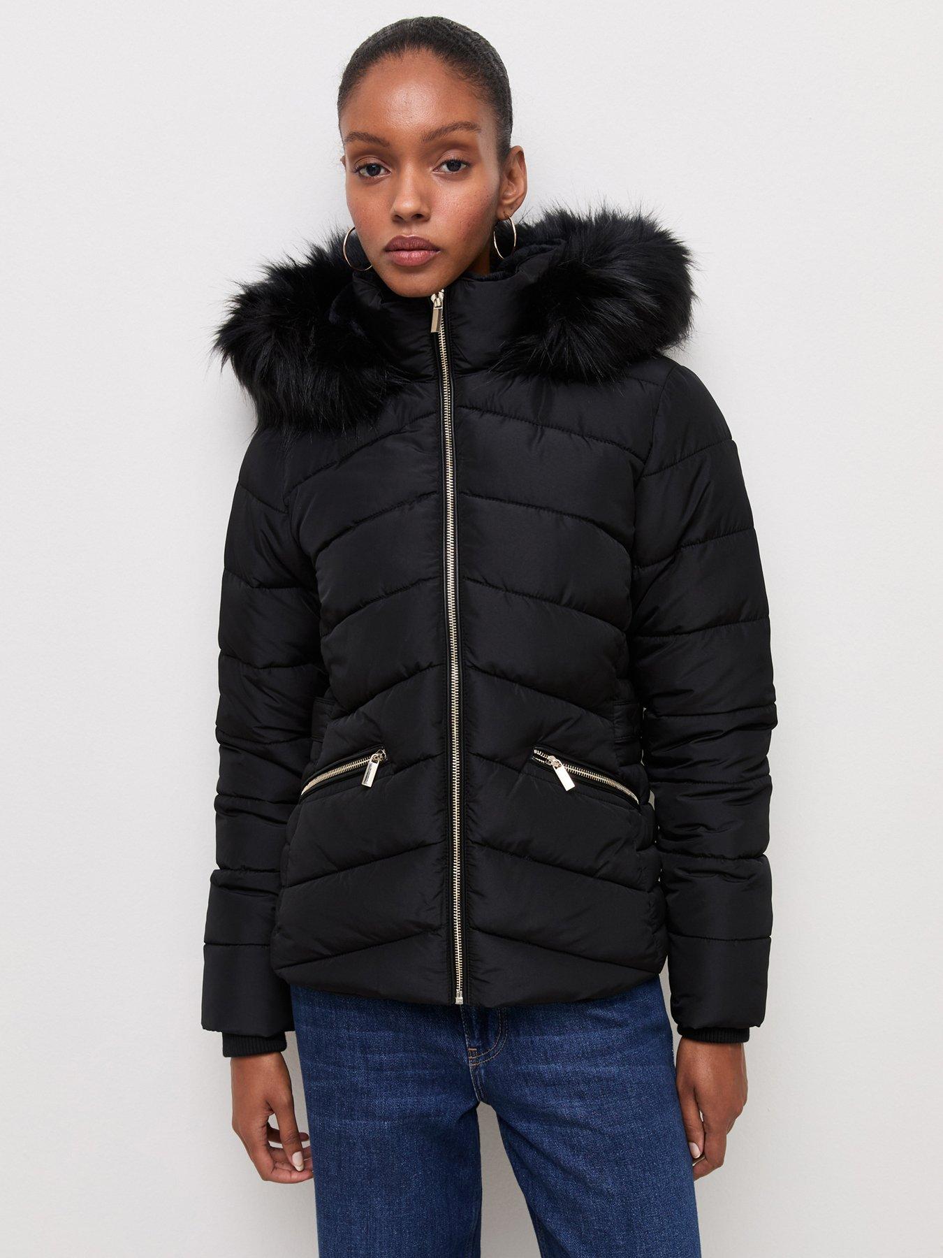 New Look Faux Fur Hooded Puffer Jacket - Black