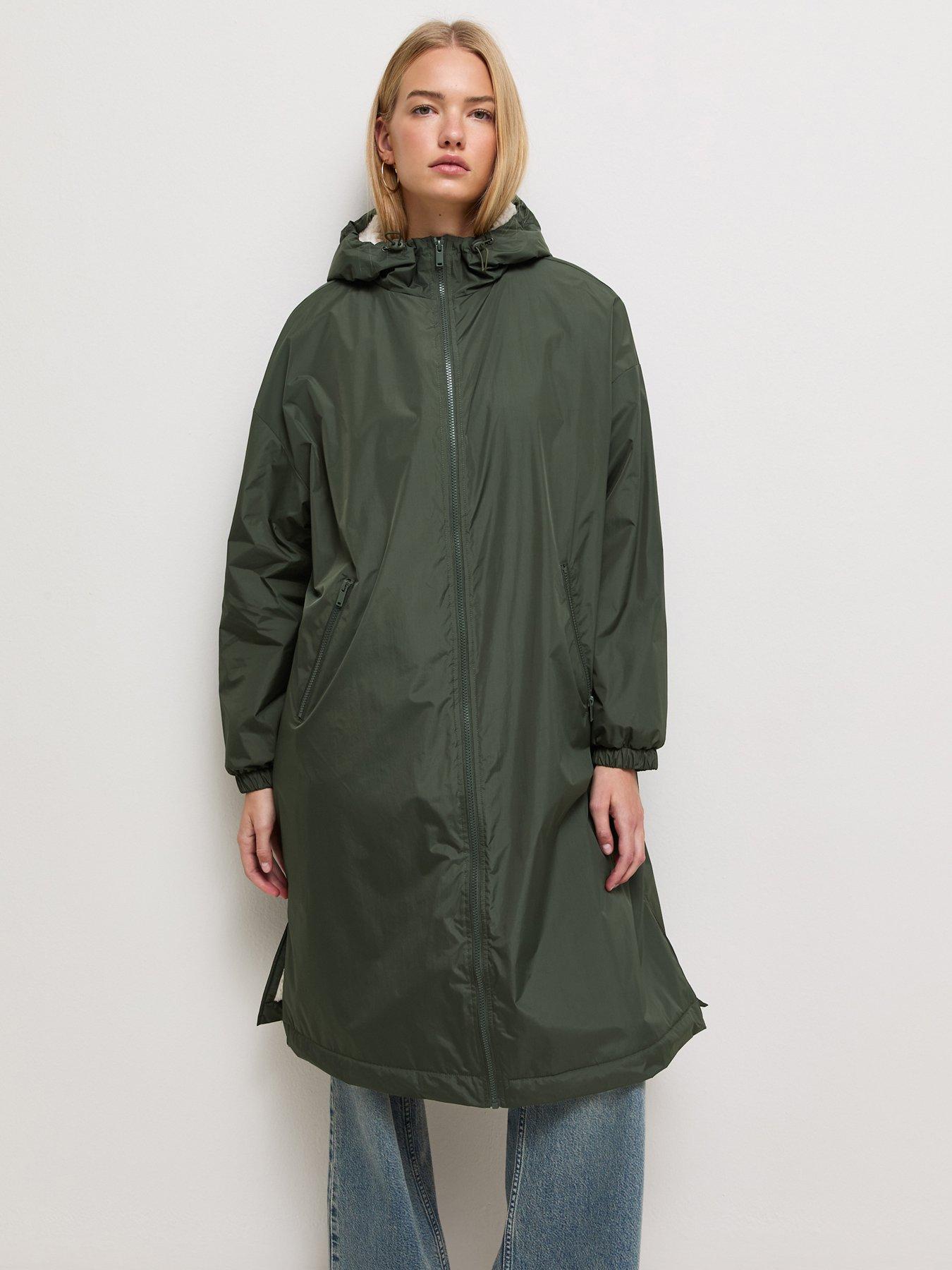 Image 1 of 5 of New Look Womens Longline Fleece Lined Hooded Raincoat - Green