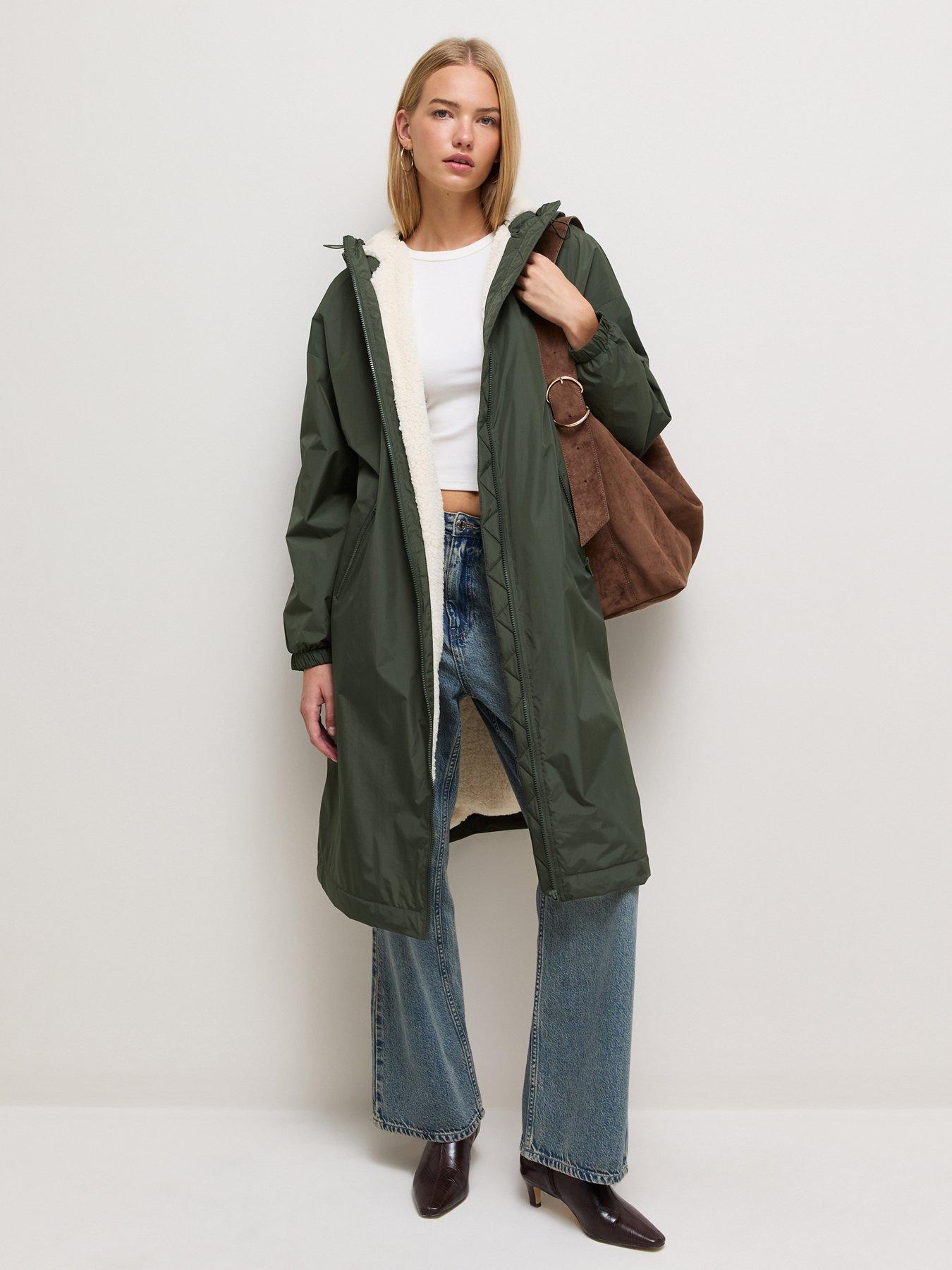 Image 3 of 5 of New Look Womens Longline Fleece Lined Hooded Raincoat - Green
