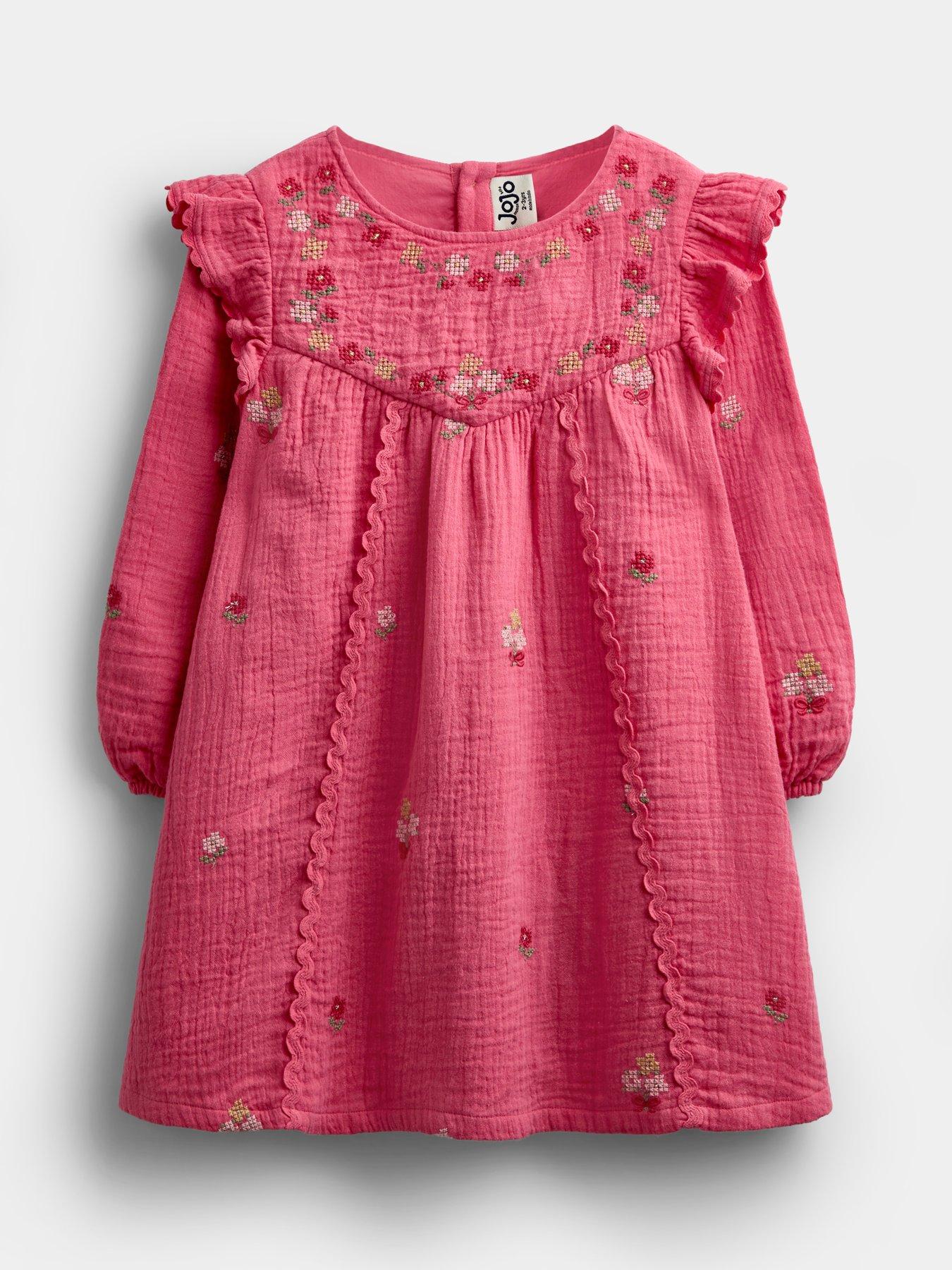 JoJo Maman Bebe Toddler Girls Cross Stitch Floral Ruffle Sleeve Dress - Orange
