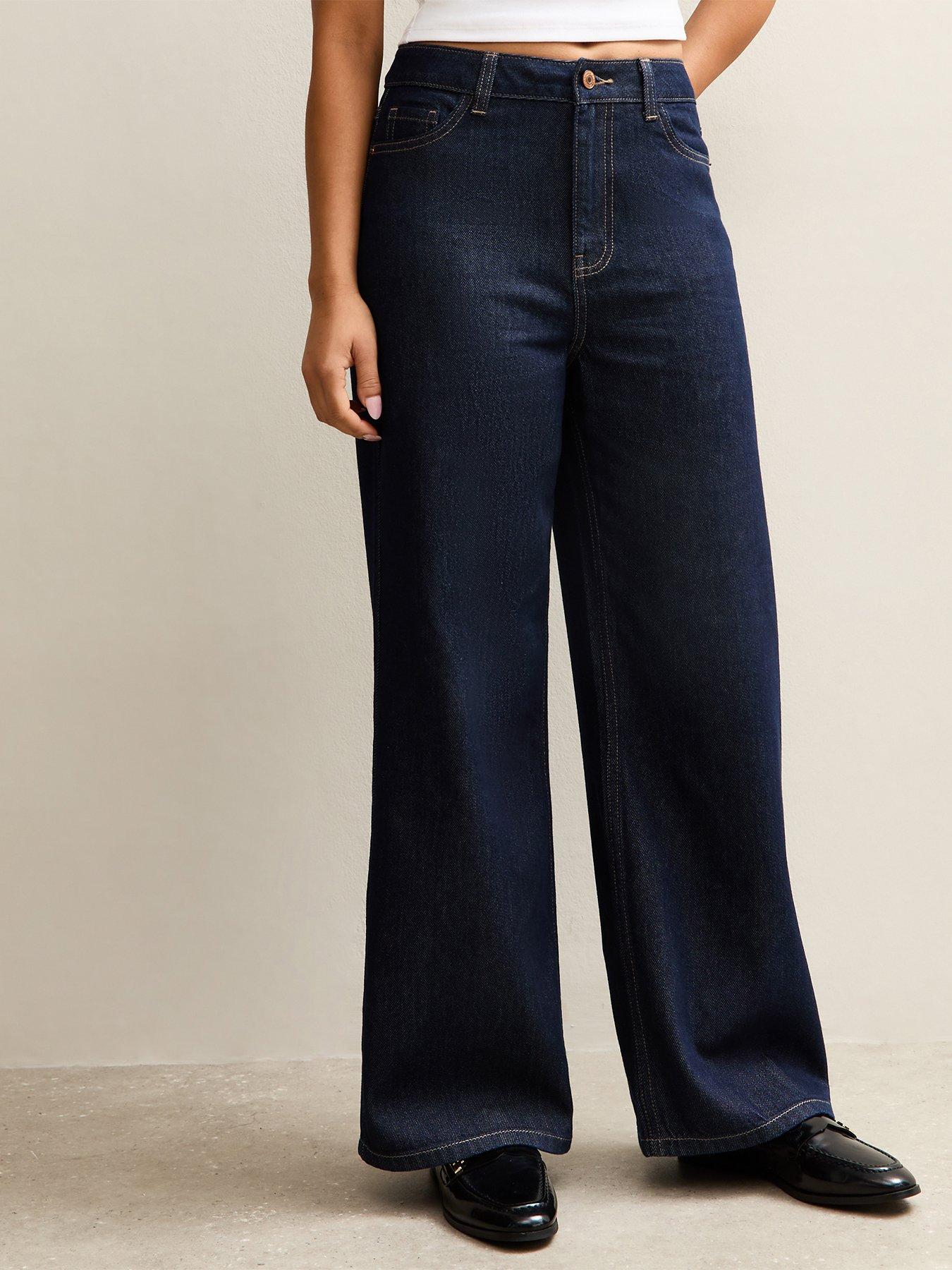 Image 1 of 6 of New Look Womens Petite Adalae High Waist Wide Leg Jeans - Blue
