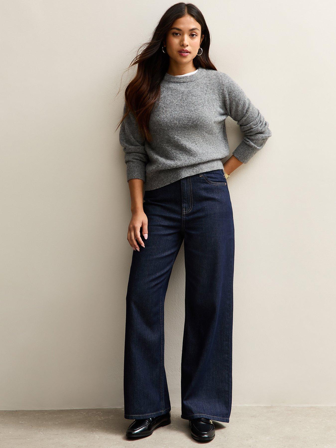Image 4 of 6 of New Look Womens Petite Adalae High Waist Wide Leg Jeans - Blue