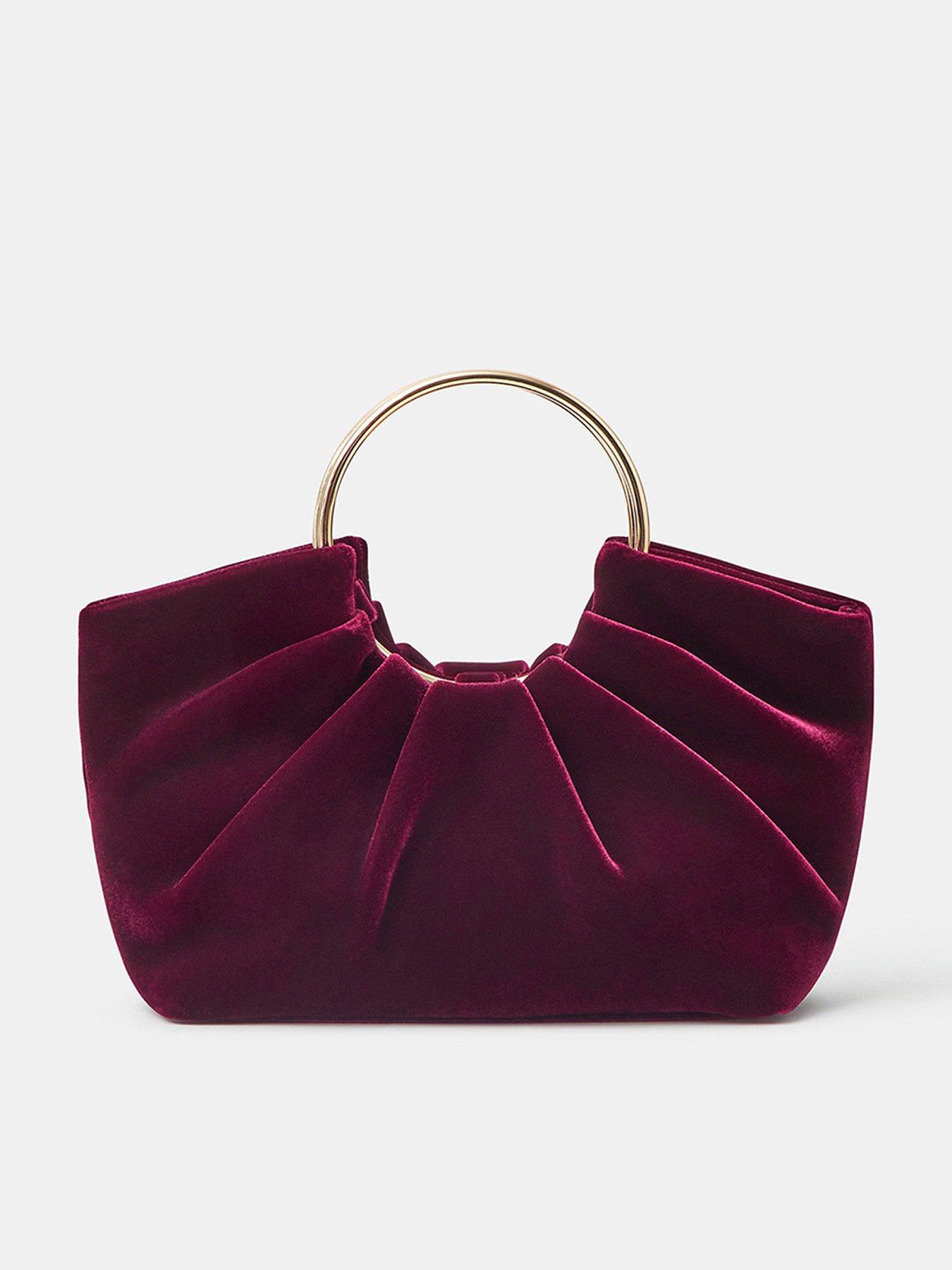 Image 1 of 4 of Accessorize Ruched Velvet Ring Handheld Clutch Bag - Red