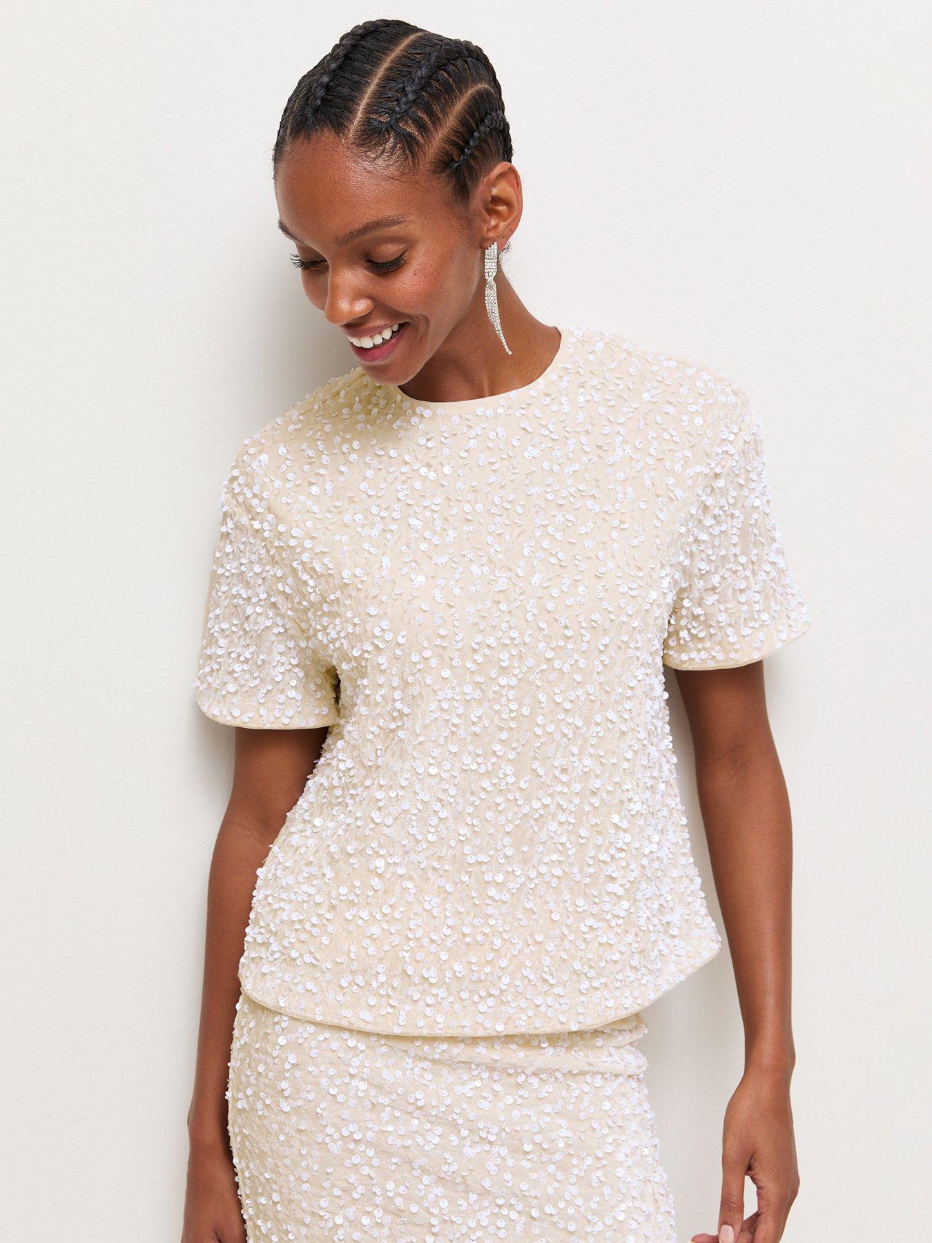 Image 1 of 6 of New Look Womens Velvet Sequin Keyhole T-Shirt - Cream