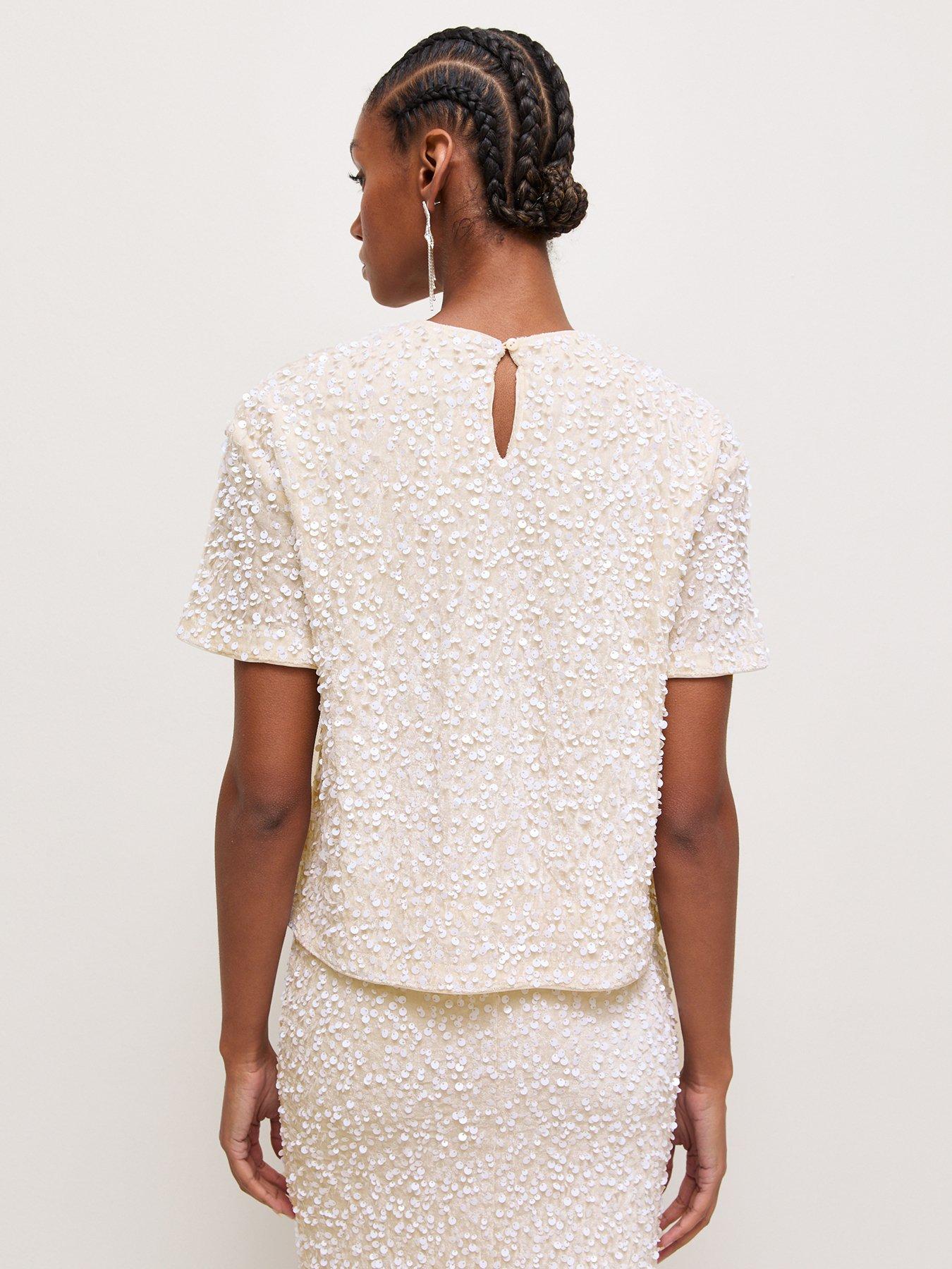 Image 2 of 6 of New Look Womens Velvet Sequin Keyhole T-Shirt - Cream