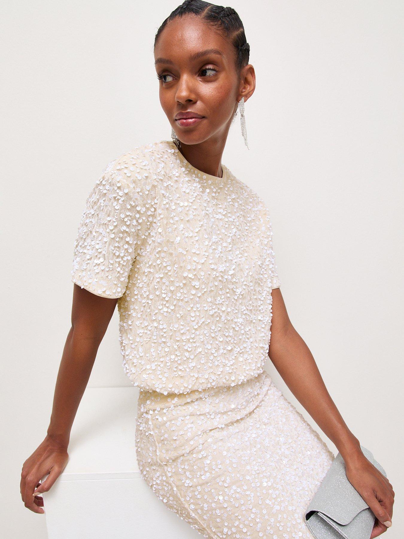 Image 5 of 6 of New Look Womens Velvet Sequin Keyhole T-Shirt - Cream