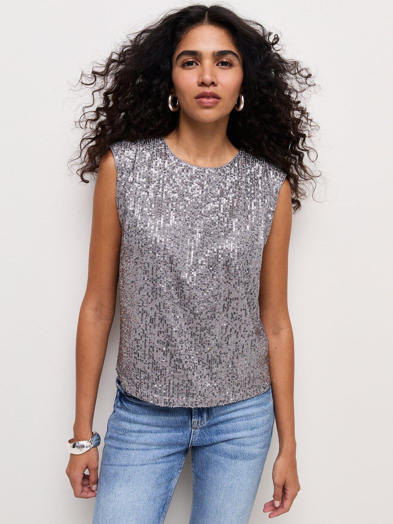Image 1 of 5 of New Look Womens Sequin Keyhole Back Sleeveless Vest - Grey