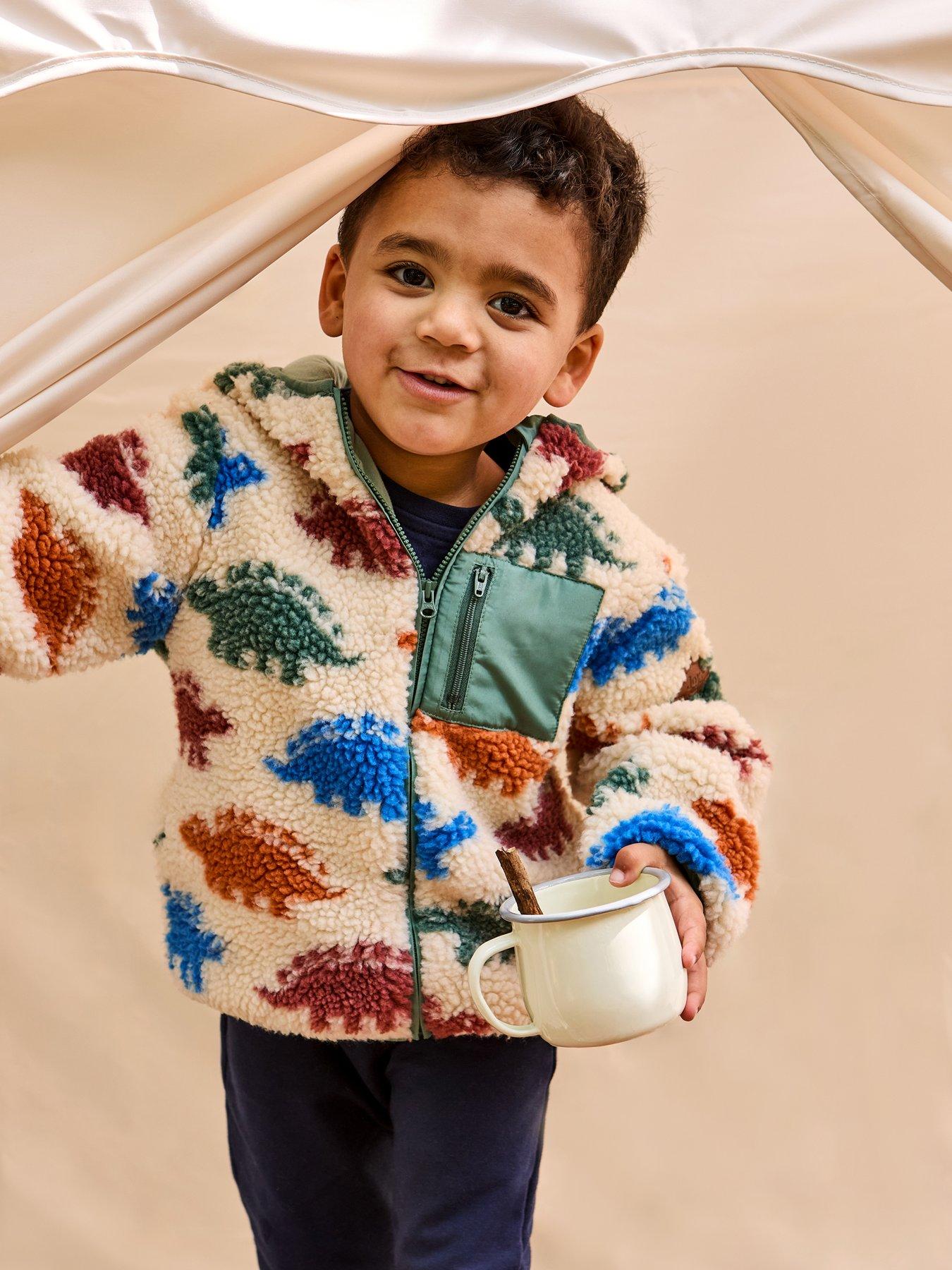 JoJo Maman Bebe Toddler Boys Stegosaurus Hooded Teddy Borg Jacket - Beige