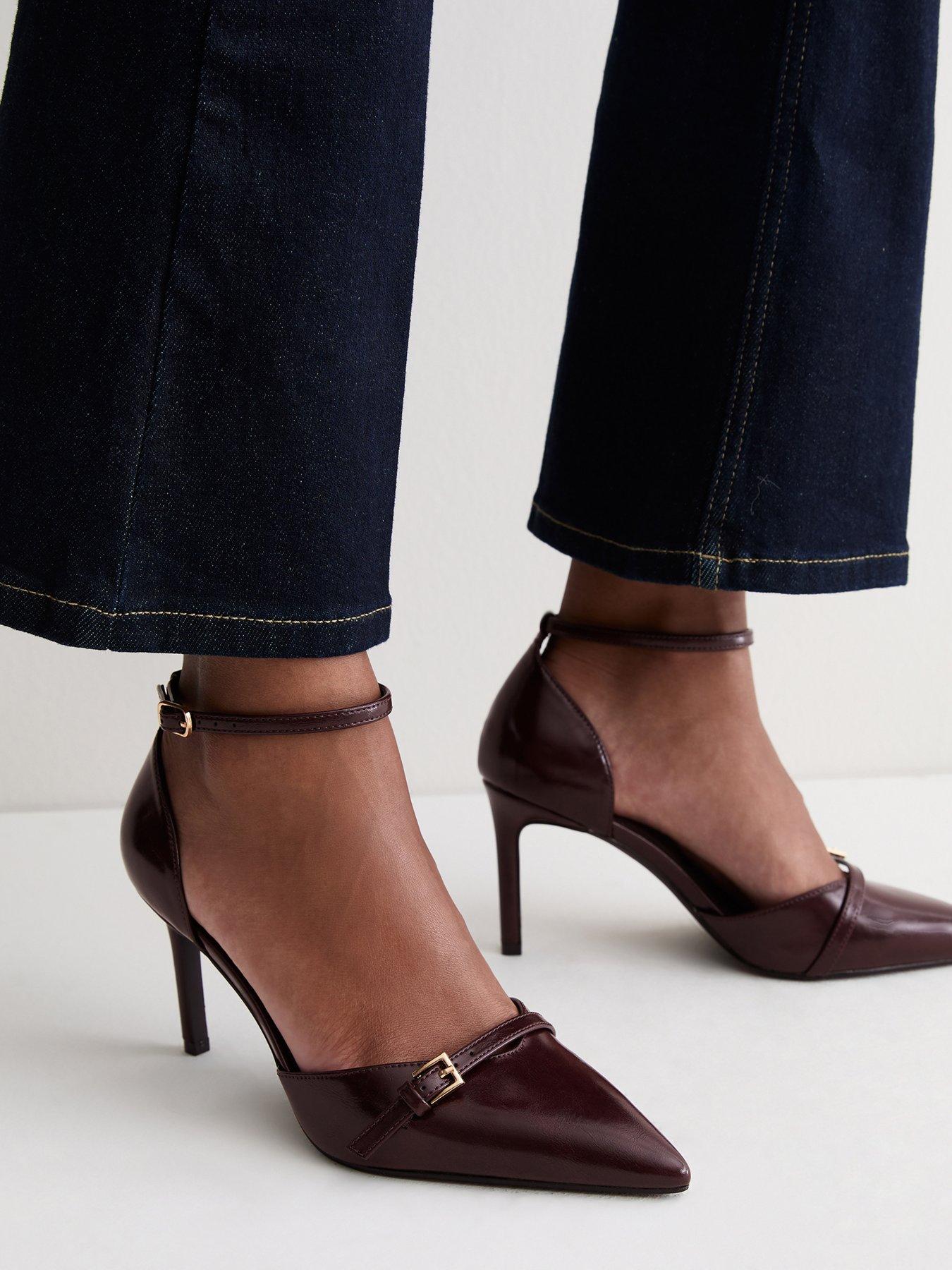 Image 1 of 6 of New Look Wide Fit Faux Leather Buckle Detail Pumps - Dark Burgundy