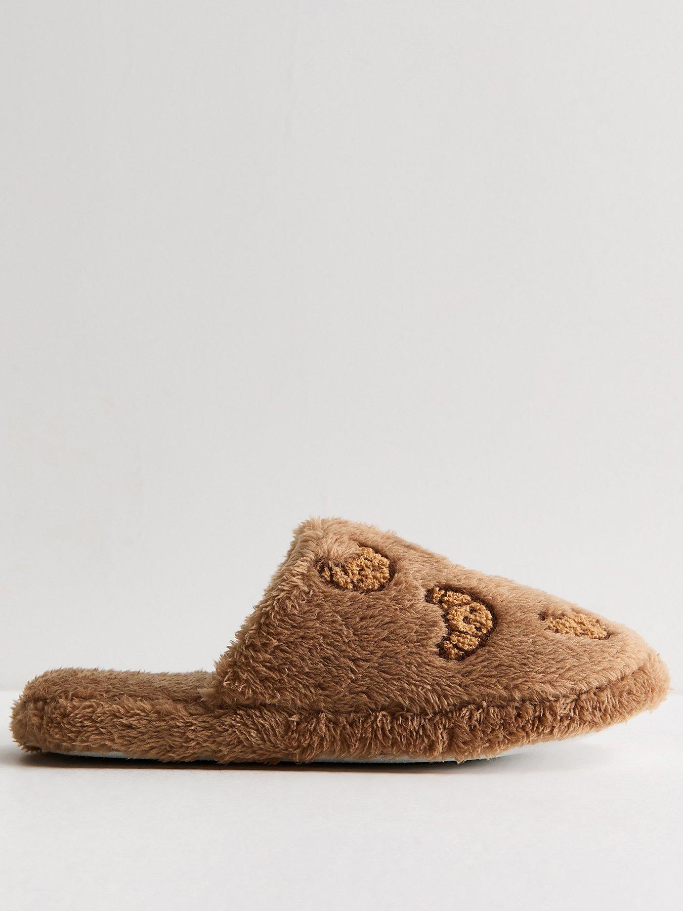 Image 1 of 4 of New Look Womens Fluffy Croissant Embroidered Mule Slippers - Brown