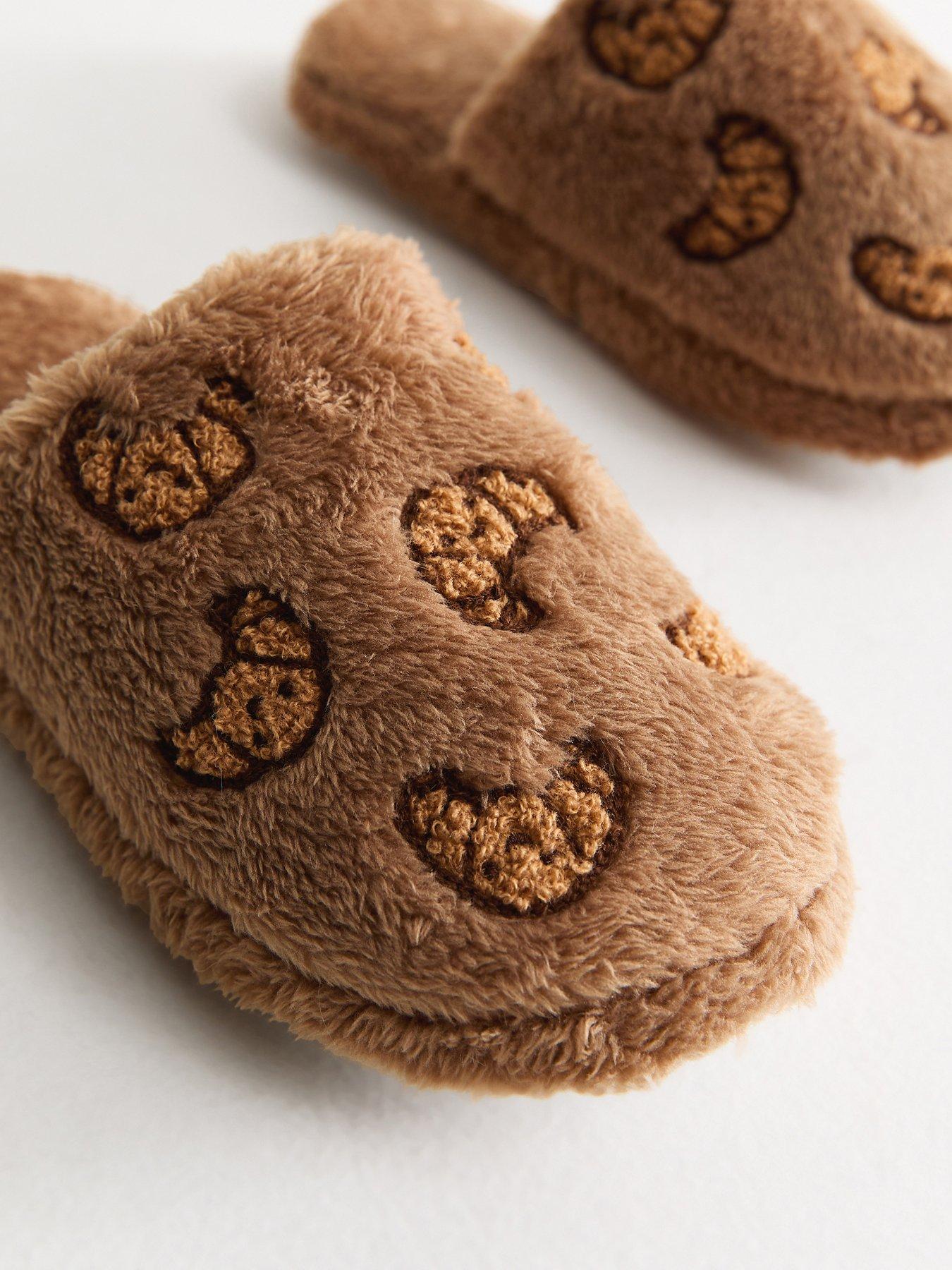 Image 4 of 4 of New Look Womens Fluffy Croissant Embroidered Mule Slippers - Brown