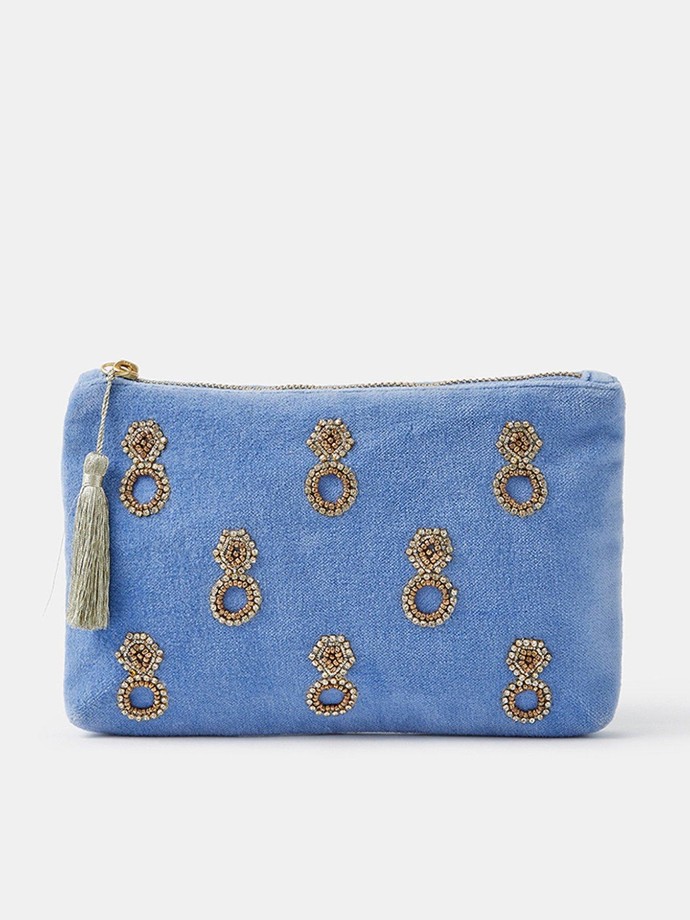 Image 1 of 4 of Accessorize Womens Beaded Zip-Top Velvet-Look Purses - Blue