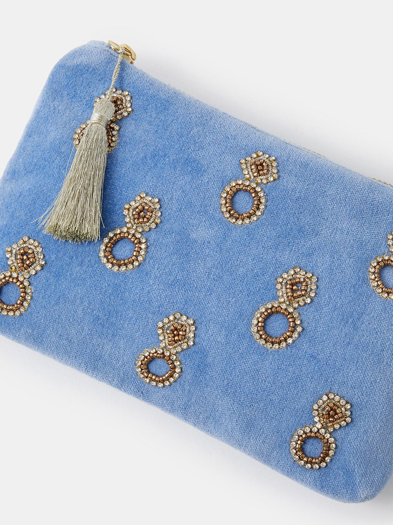 Image 3 of 4 of Accessorize Womens Beaded Zip-Top Velvet-Look Purses - Blue