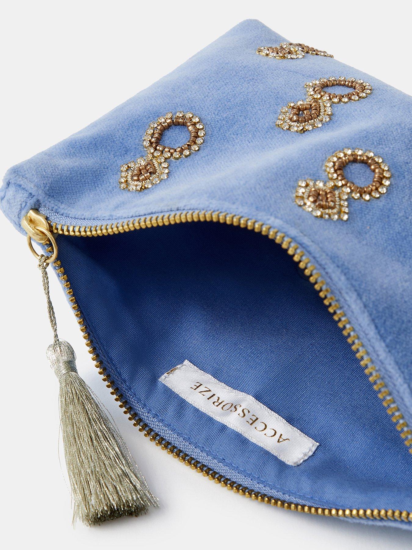 Image 4 of 4 of Accessorize Womens Beaded Zip-Top Velvet-Look Purses - Blue