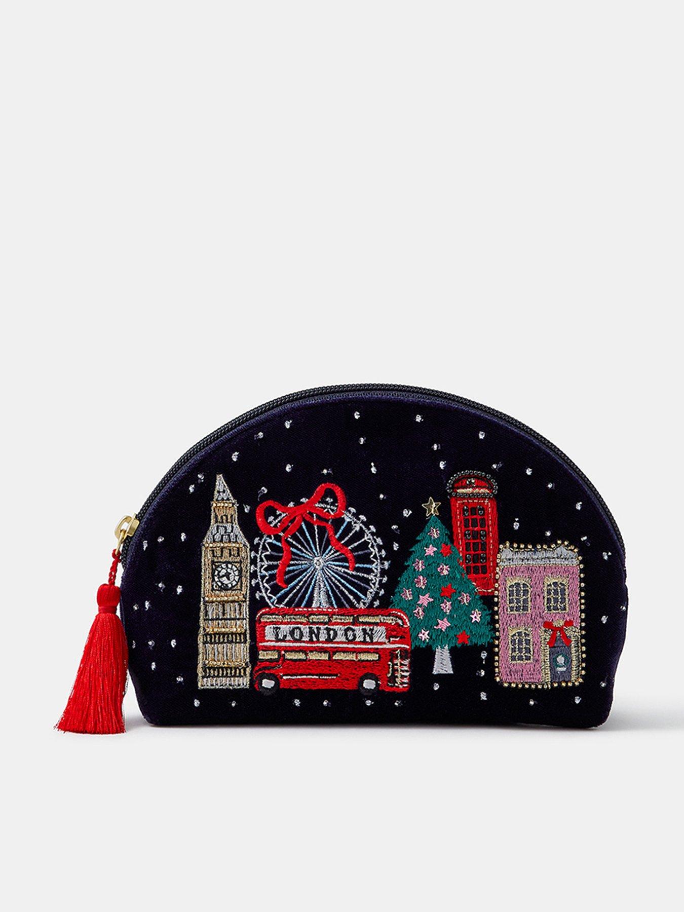Image 1 of 4 of Accessorize Womens London Skyline Embroidered Velvet Zip Pouch - Blue