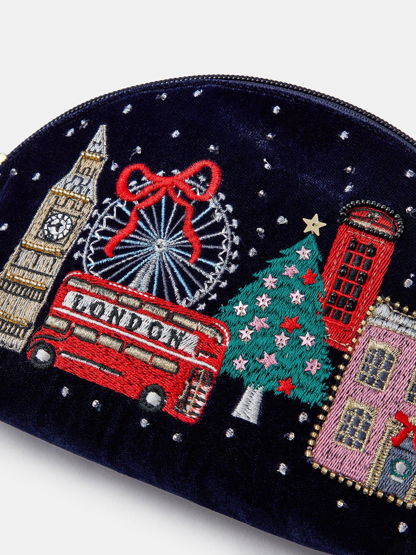 Image 3 of 4 of Accessorize Womens London Skyline Embroidered Velvet Zip Pouch - Blue